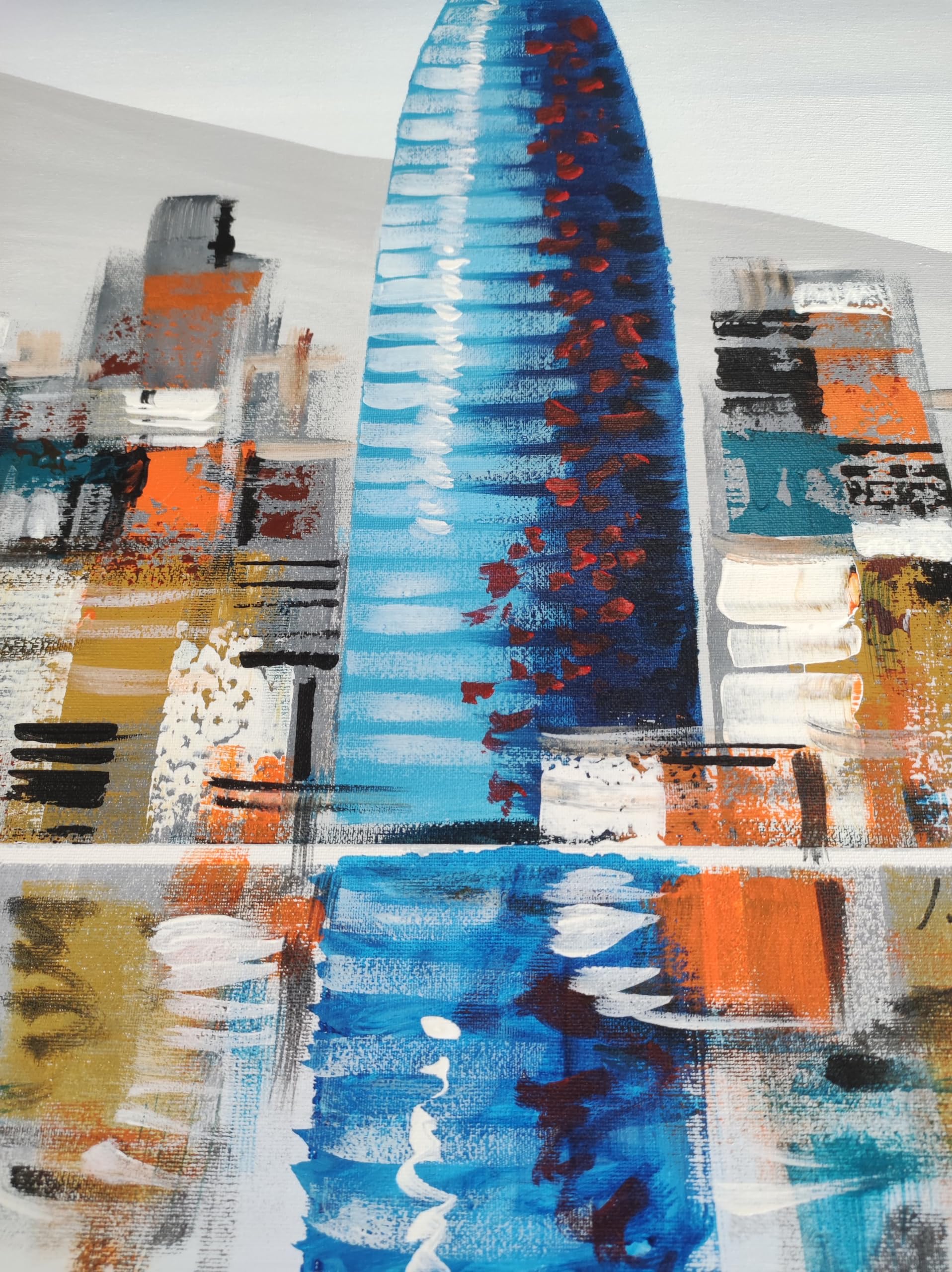 Cuadro Pintado Skyline de Barcelona Azul 150x60 cm, Torre Agbar, Colón, Tibidabo, Sagrada Familia...100% Original sobre lienzo, listo para colgar, pintado a mano, firmado por el artista