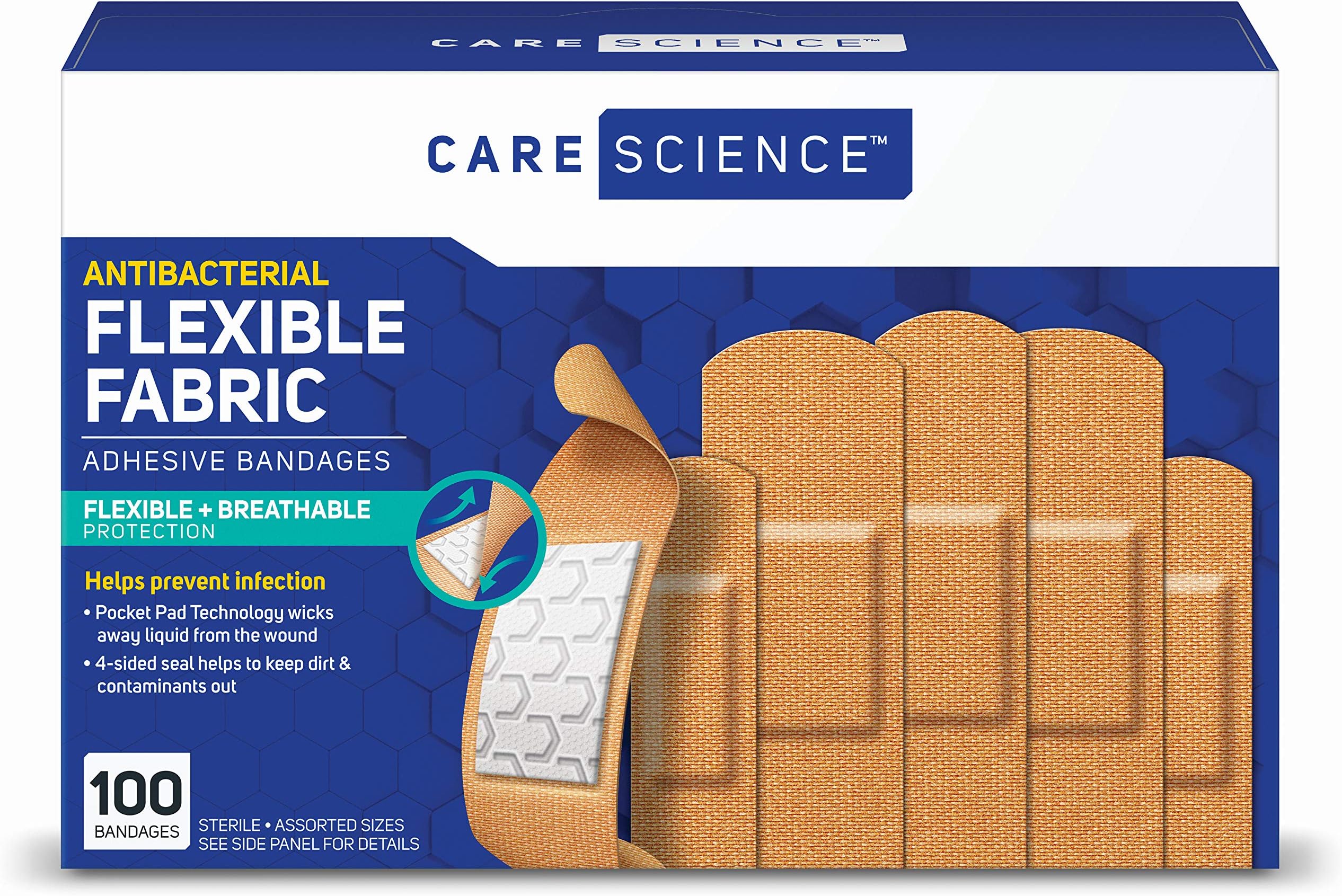Care Science Antibacterial Fabric Adhesive Bandages, 100 ct Assorted Sizes | Flexible + Breathable Protection Helps Prevent Infection for First Aid and Wound Care