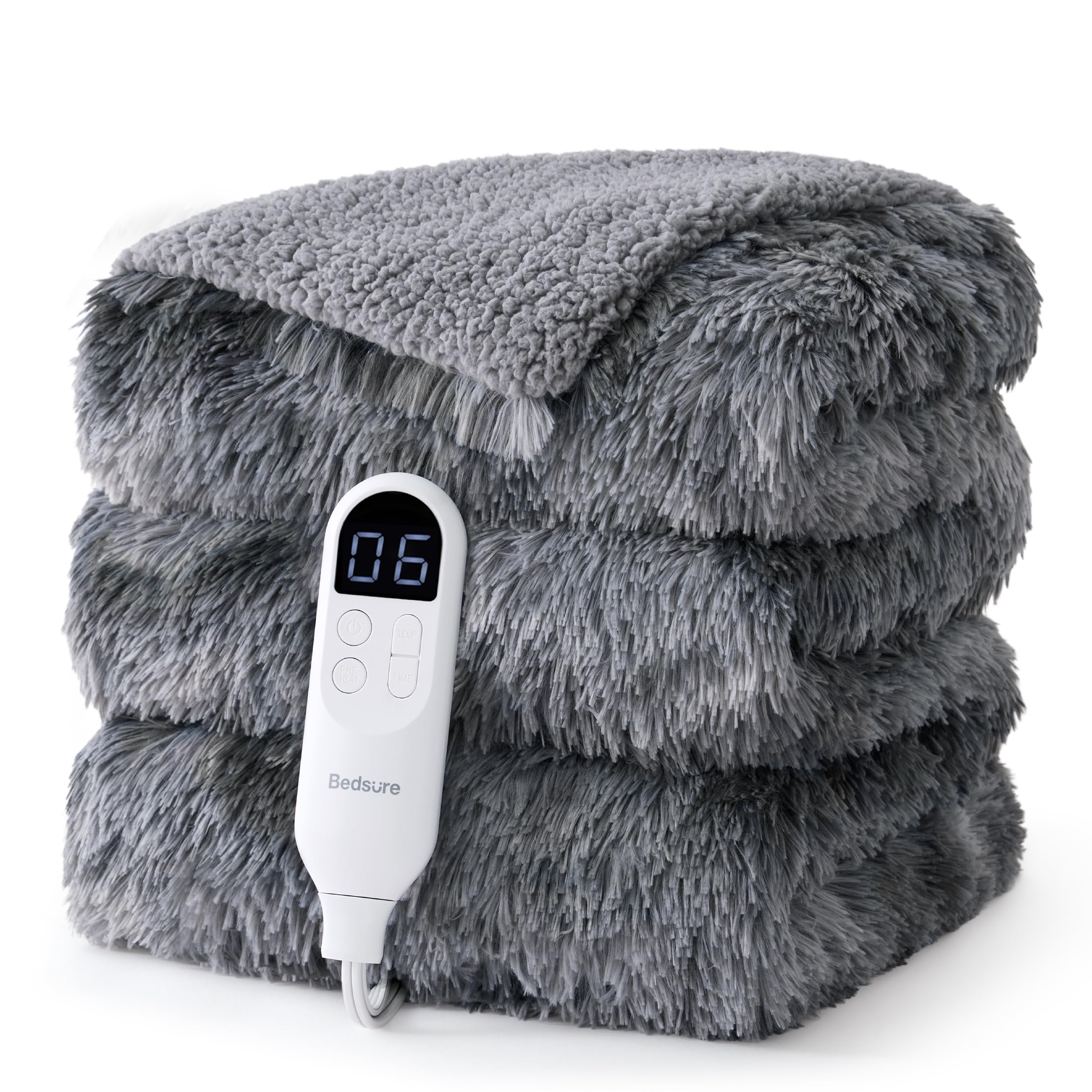 Bedsure Faux Fur Heated Blanket Full Size, Long-Pile Electric Blanket, Grey