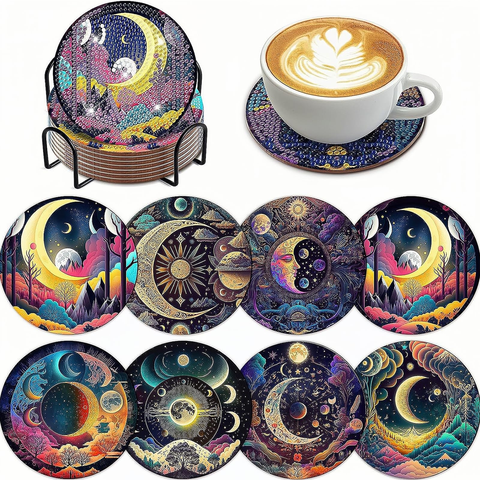 8Pcs Diamond Painting Coasters with Holder DIY Moon Diamond Art Coasters Kit for Beginners Adults And Kids Art Craft Supplies Gifts