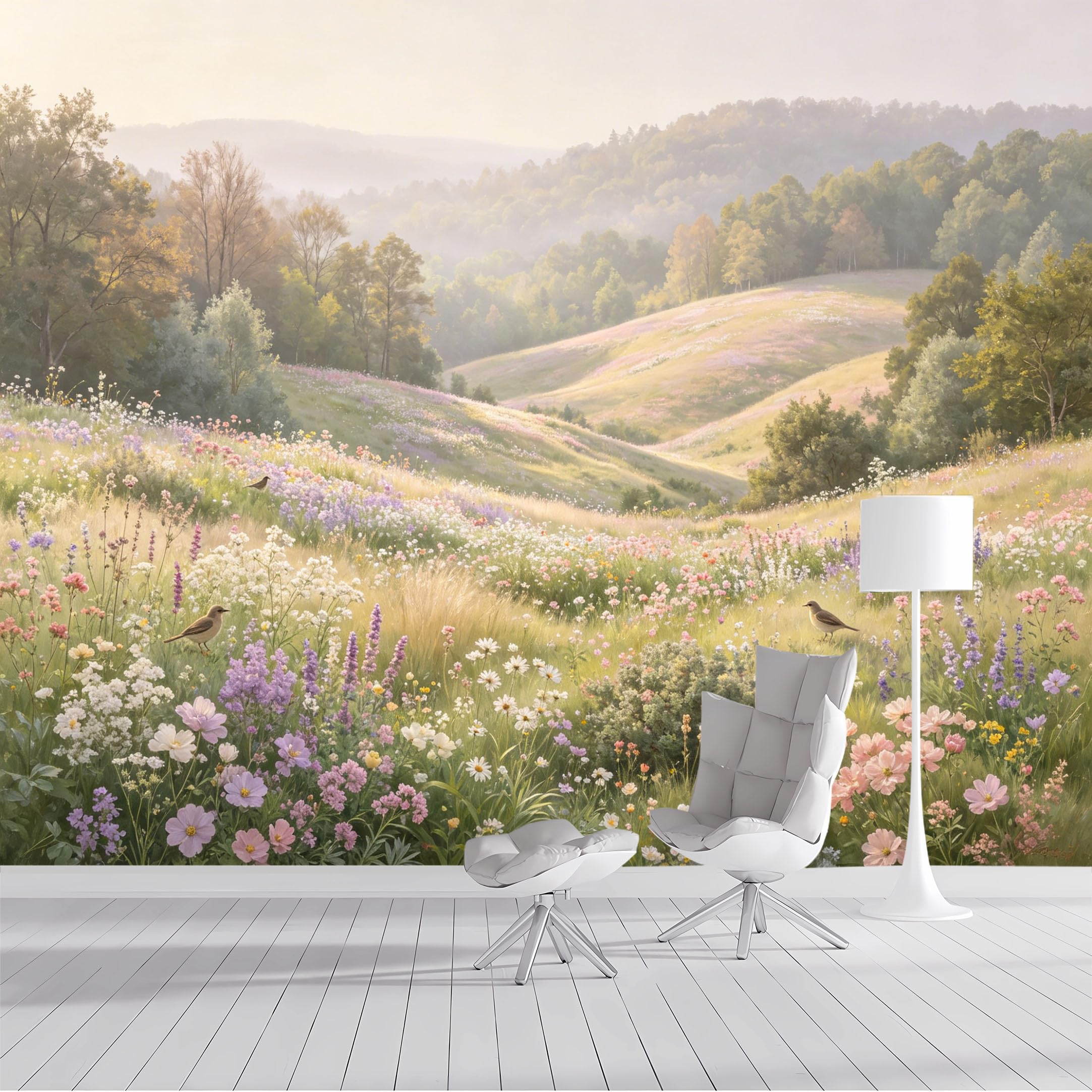 Custom Size Wall Mural Pastel Meadow Floral Landscape Watercolor Painting SelfAdhesive Wall Fabric Removable Peel and Stick Wallpaper Wall Decor for Living Room Bedroom Bathroom