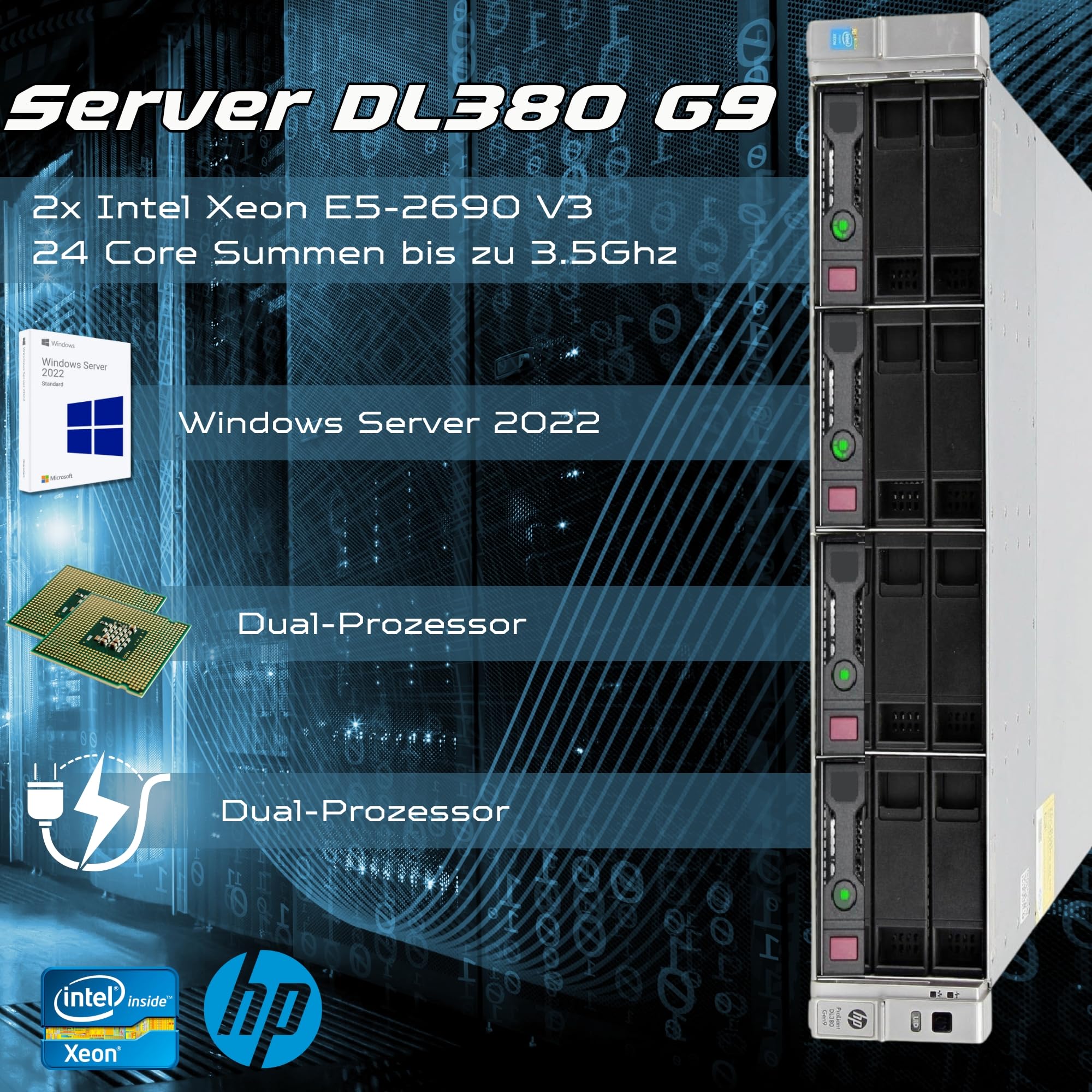 HP ProLiant DL380 Gen9 Server Rack | 2x Intel Xeon 2690 V3 | 128 GB RAM | 2x SAS 3.5" 4TB | iLO Raid Controller H840 Windows Server 2025 (Generalüberholt)