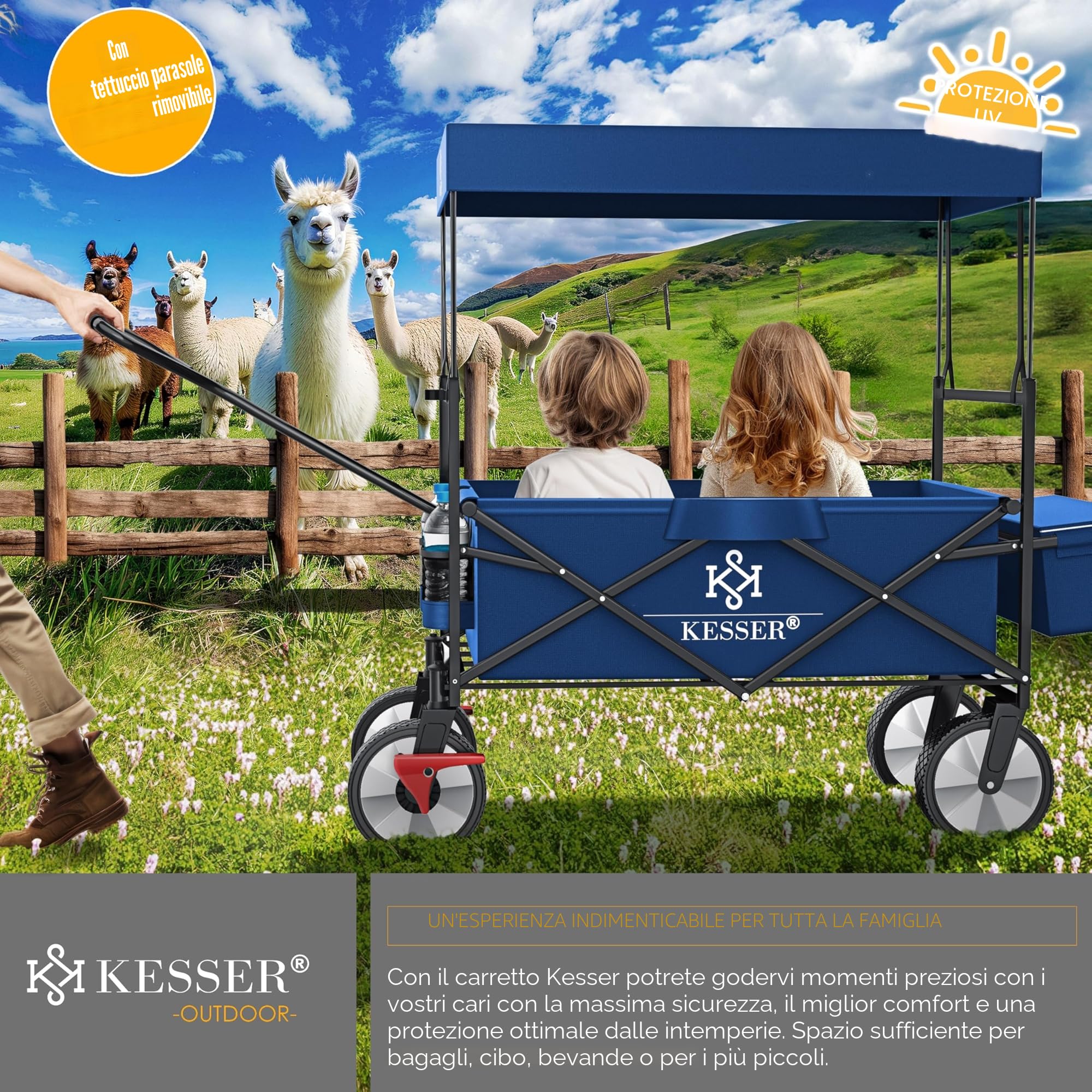 KESSER® Carrello pieghevole con tetto, carrello per attrezzi, con 2 tasche a rete e una tasca esterna, con freno anteriore, pieghevole, pneumatici in gomma piena, portata fino a 100 kg