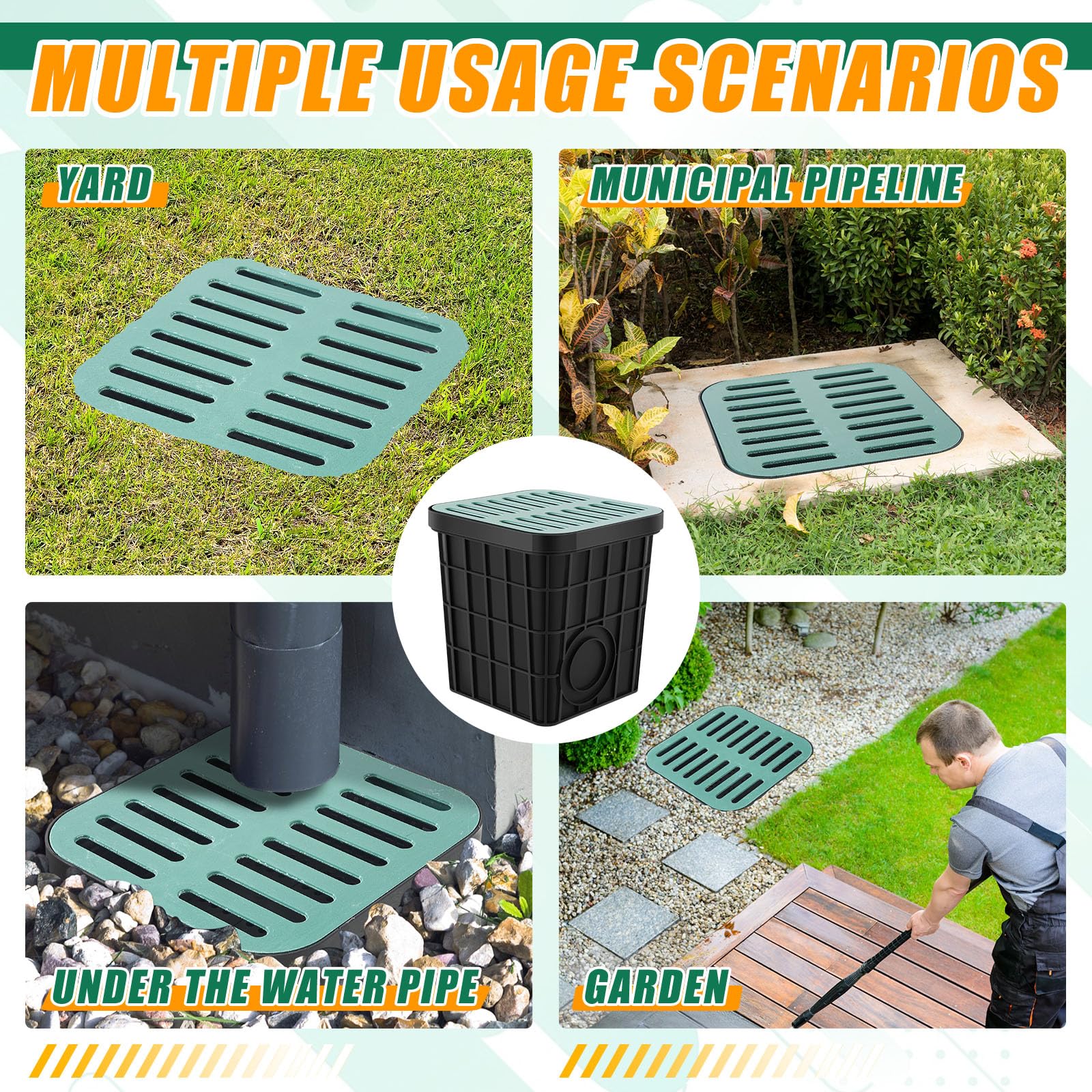 Cuenca de captura con rejilla de 15 x 15 pulgadas, cuadrada, grande, para drenaje con cesta de escombros, lavabo de drenaje francés sin agujero reservado para patio, bajante, césped, tubería