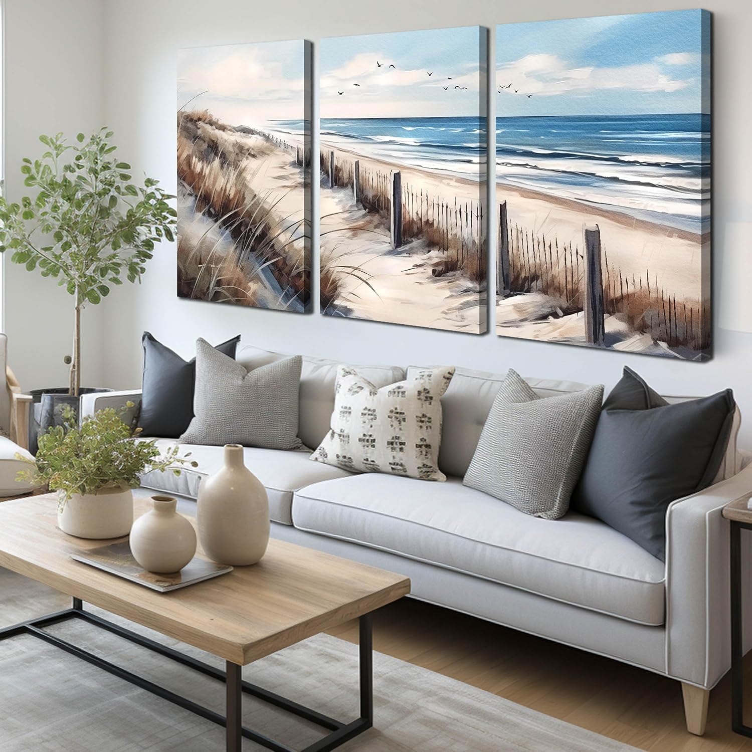 Blue Beach Canvas Wall Art for Living Room Bedroom Bathroom Nature Pictures Modern Wall Artwork 3 Pieces Wall Art Framed Canvas Prints 24x36 Inch