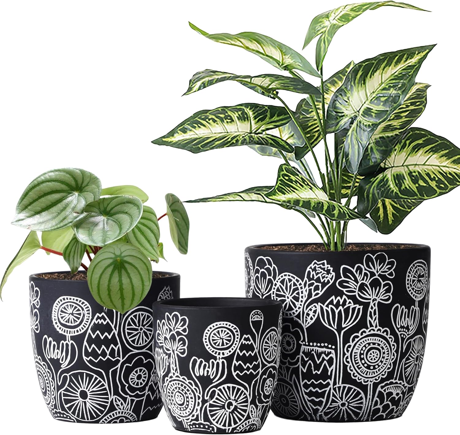 Terracotta Pots, 6.5+5+4.4 Inch Plant Pots with Drainage Hole- Floral Pattern, Black Boho Ceramic Planters for Indoor Plants, Flower Pots Indoor Succulents, Herbs Plants,Set of 3
