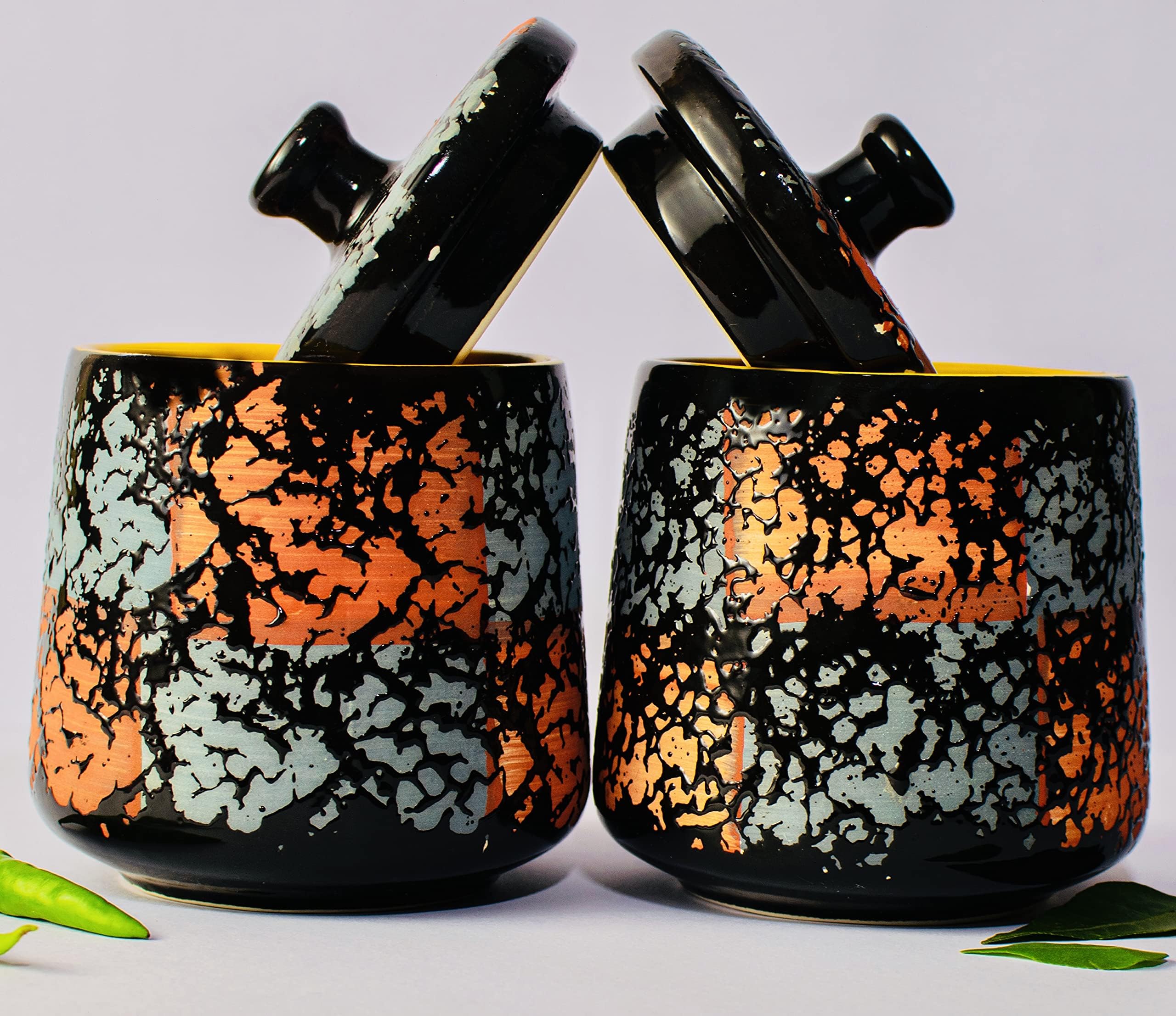 SHIVOW Ceramic Jars, Set of 2 Jars for Dining Table (Black Texture, 600 g each, Set of 2)