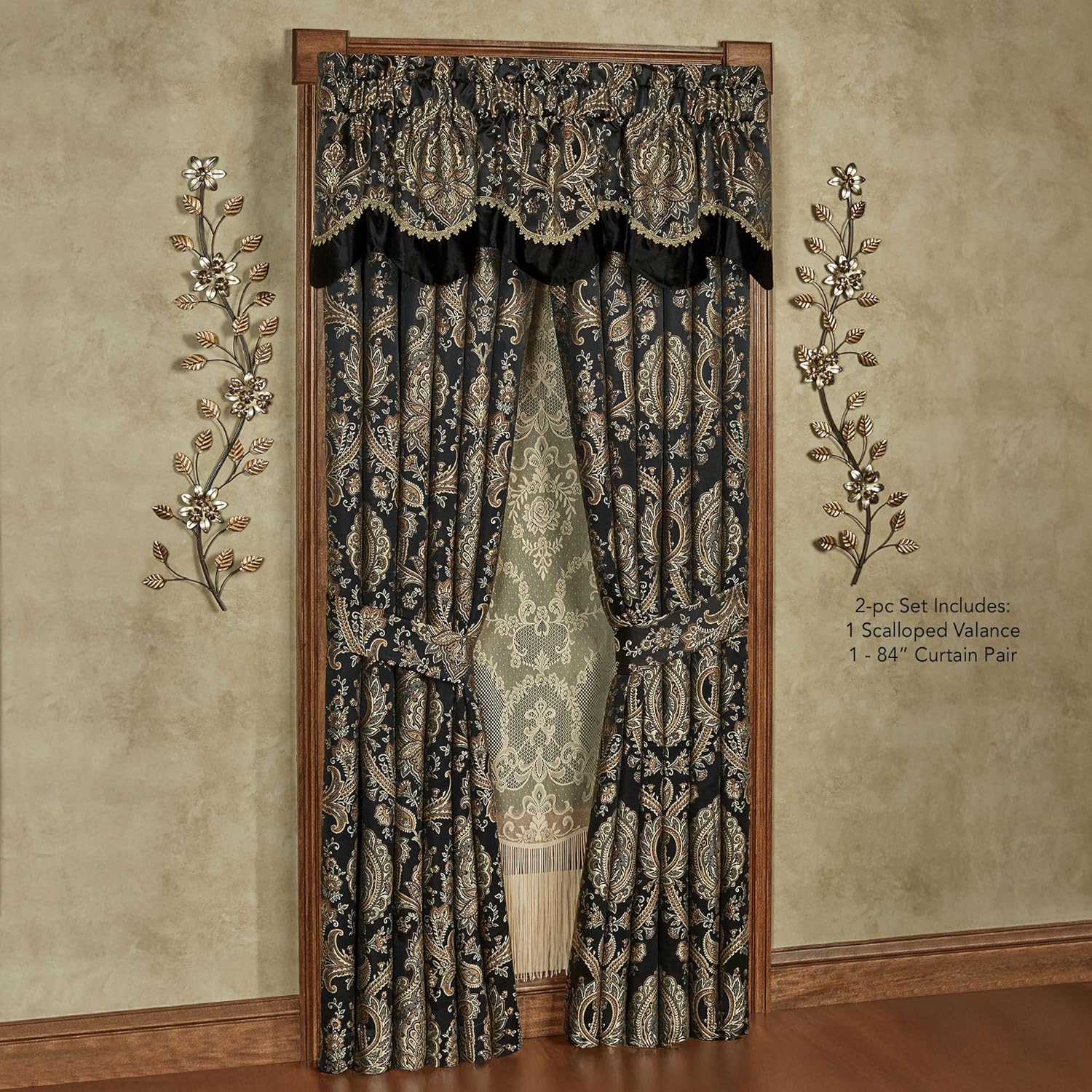 Bellevue Traditional Luxury Window Treatments | Elegant Tapestry-Style Woven Medallions and Florals | Neutral, Black, & Metallic Gold | Lined Drapery Set Includes Scalloped Valance & 84L Curtain Pair