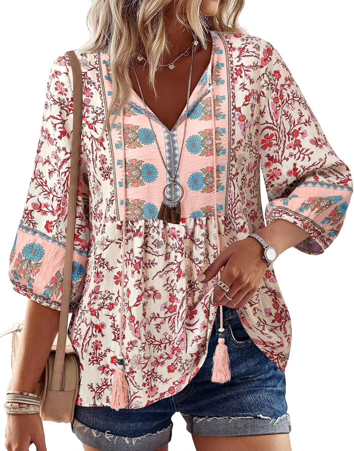 Vivilli Womens Summer Boho Babydoll Tops 3/4 Sleeve Pleated Peplum Blouses Casual V Neck Tie Front Fall Tunic Tops