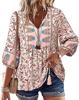Vivilli Womens Summer Boho Babydoll Tops 3/4 Sleeve Pleated Peplum Blouses Casual V Neck Tie Front Fall Tunic Tops