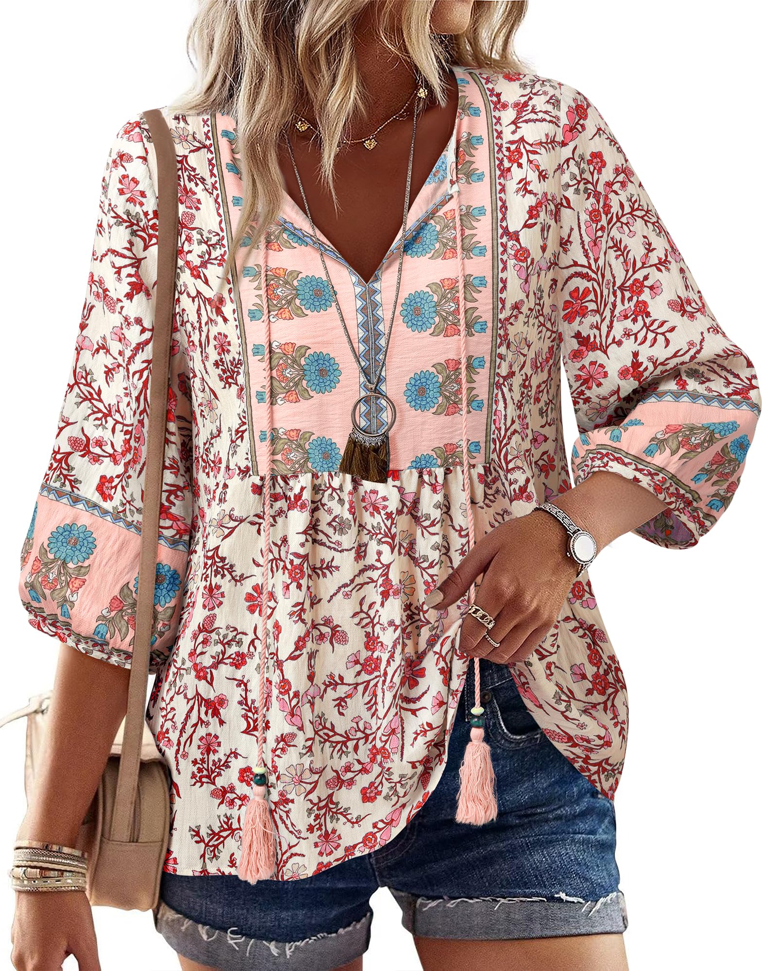 Vivilli Womens Fall Boho Babydoll Tops 3/4 Sleeve Pleated Peplum Blouses Casual V Neck Tie Front 2026 Tunic Tops