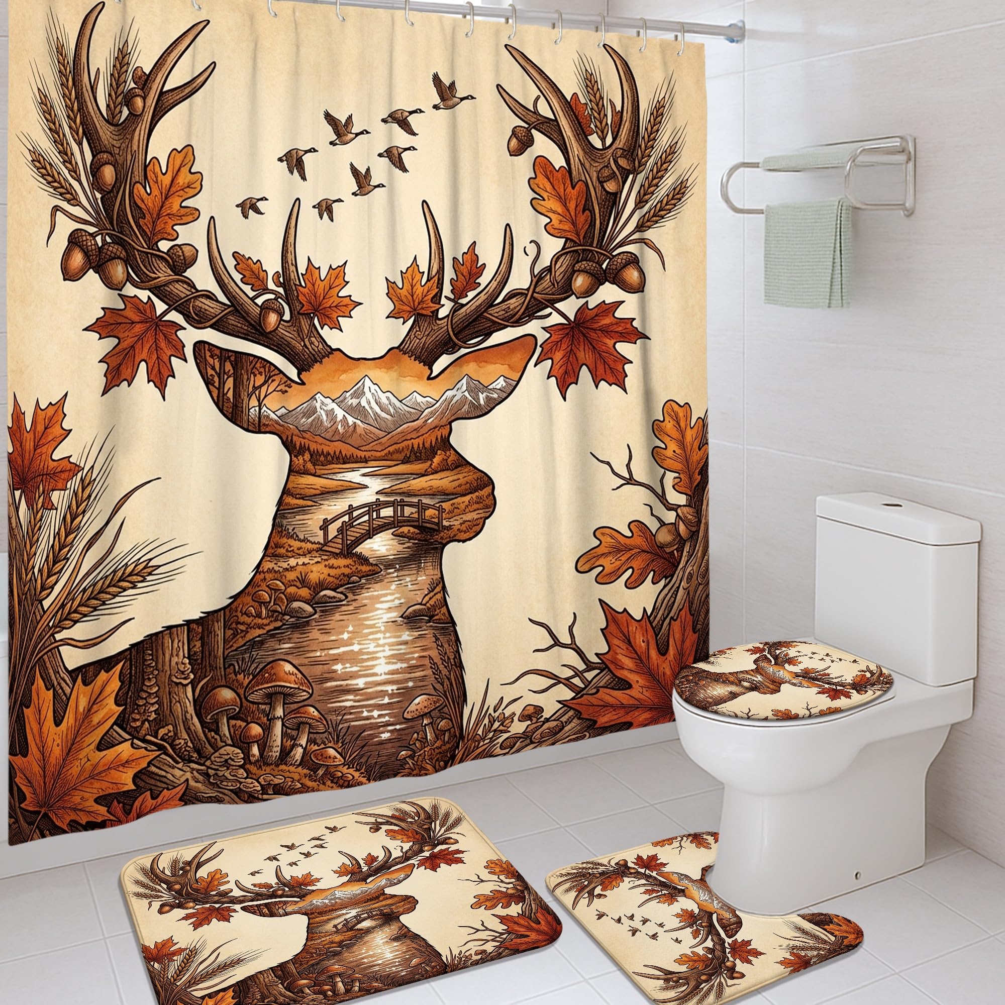 Rideau de douche marron avec oiseaux et feuilles pour salle de bain