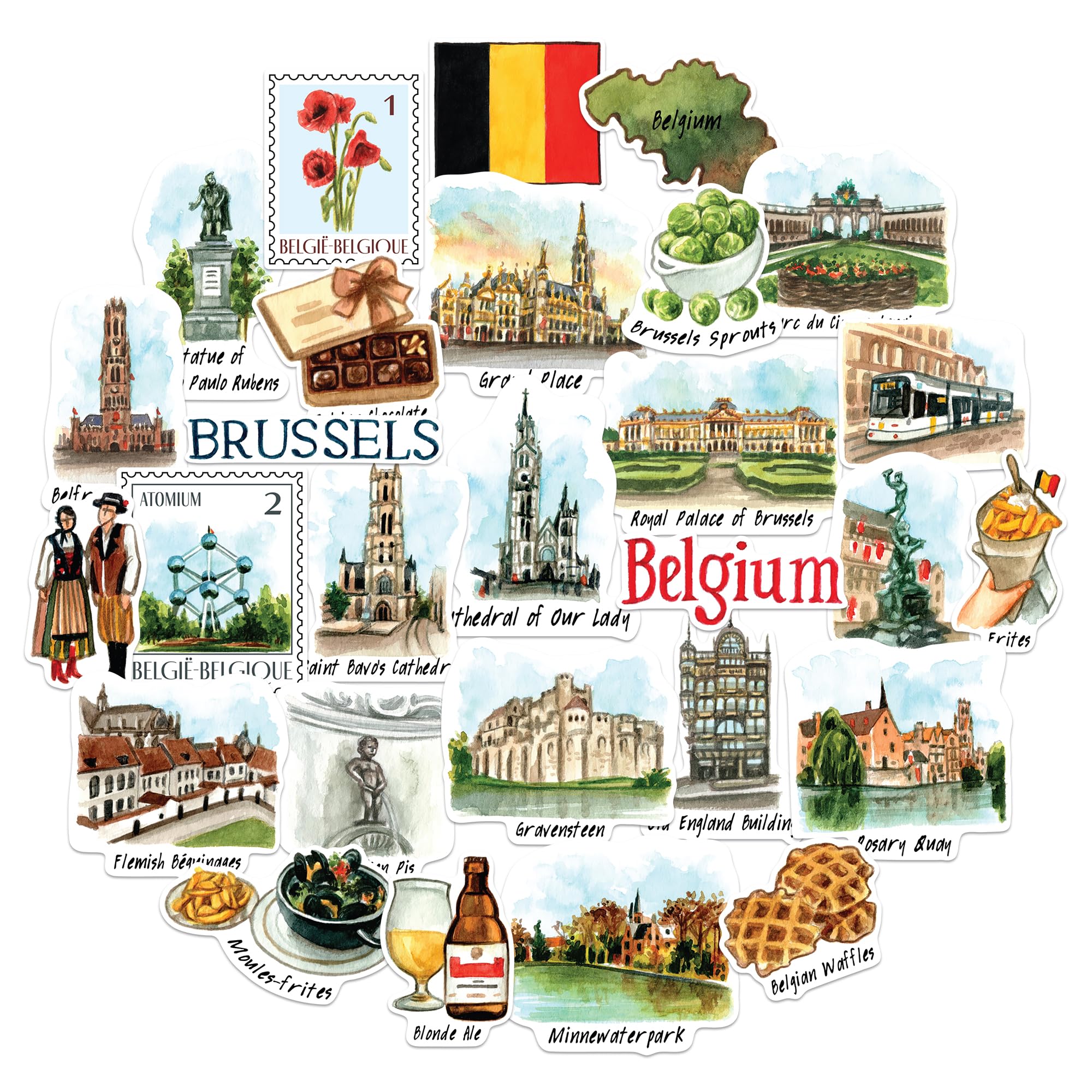 Navy Peony Beautiful Belgium Travel Stickers (28pcs)- Die-Cut, Watercolor, Brussels, Belgian-Themed Vacation Decals for Scrapbooks, Journals, Tumblers