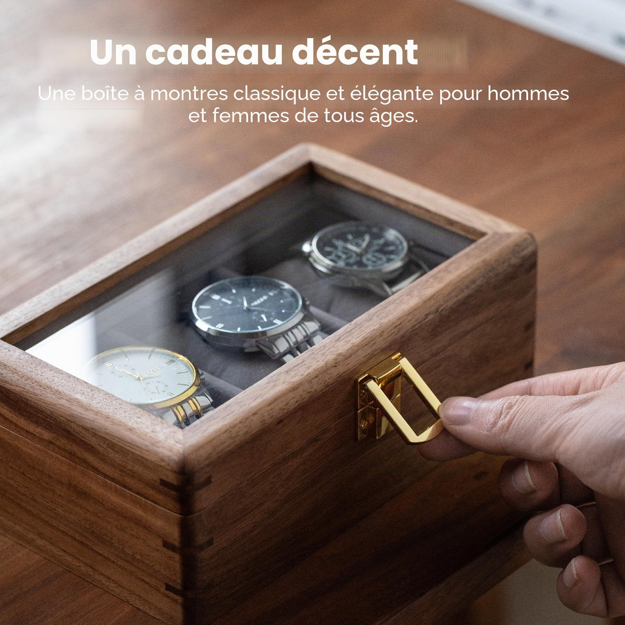muso wood Boîte à montres en bois de noyer massif d'Amérique du Nord de luxe avec fenêtre en verre et fermeture en métal pour 3 montres 20 x 12 x 9 cm, SN109-D