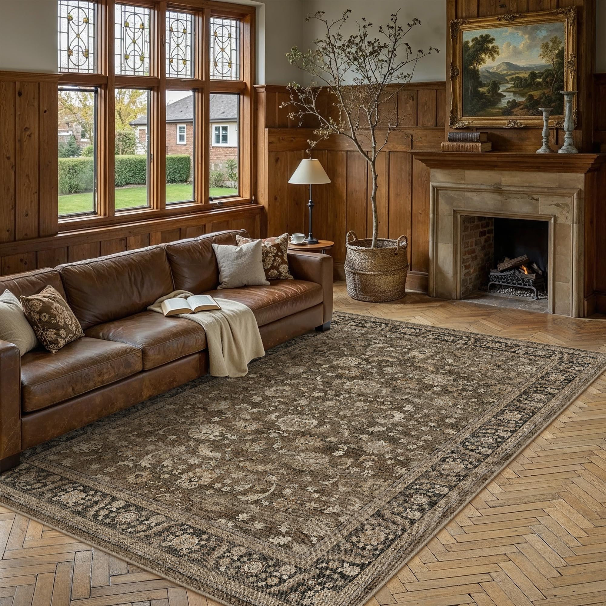 PureCozy Brown Area Rug 6x9 Vintage Floral Distressed