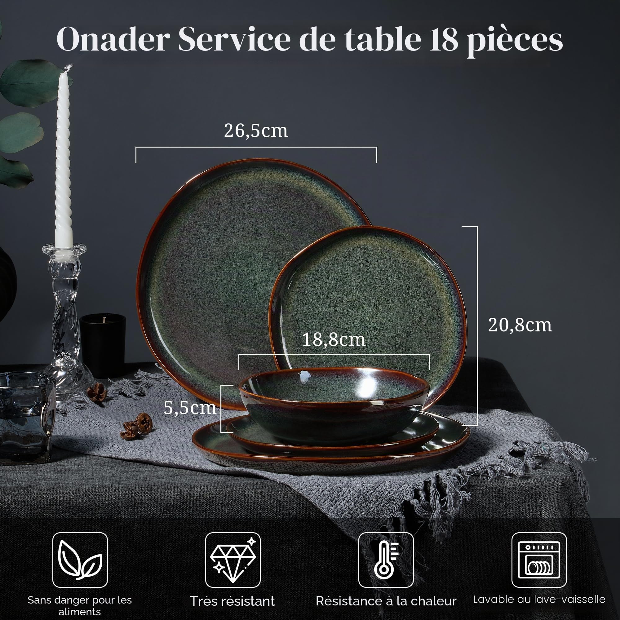 Onader Service de table pour 6 personnes, 18 pièces, en faïence, bols à céréales, assiettes à dessert, assiettes plates, anti-rayures et passe au micro-ondes, vert mousse réactive