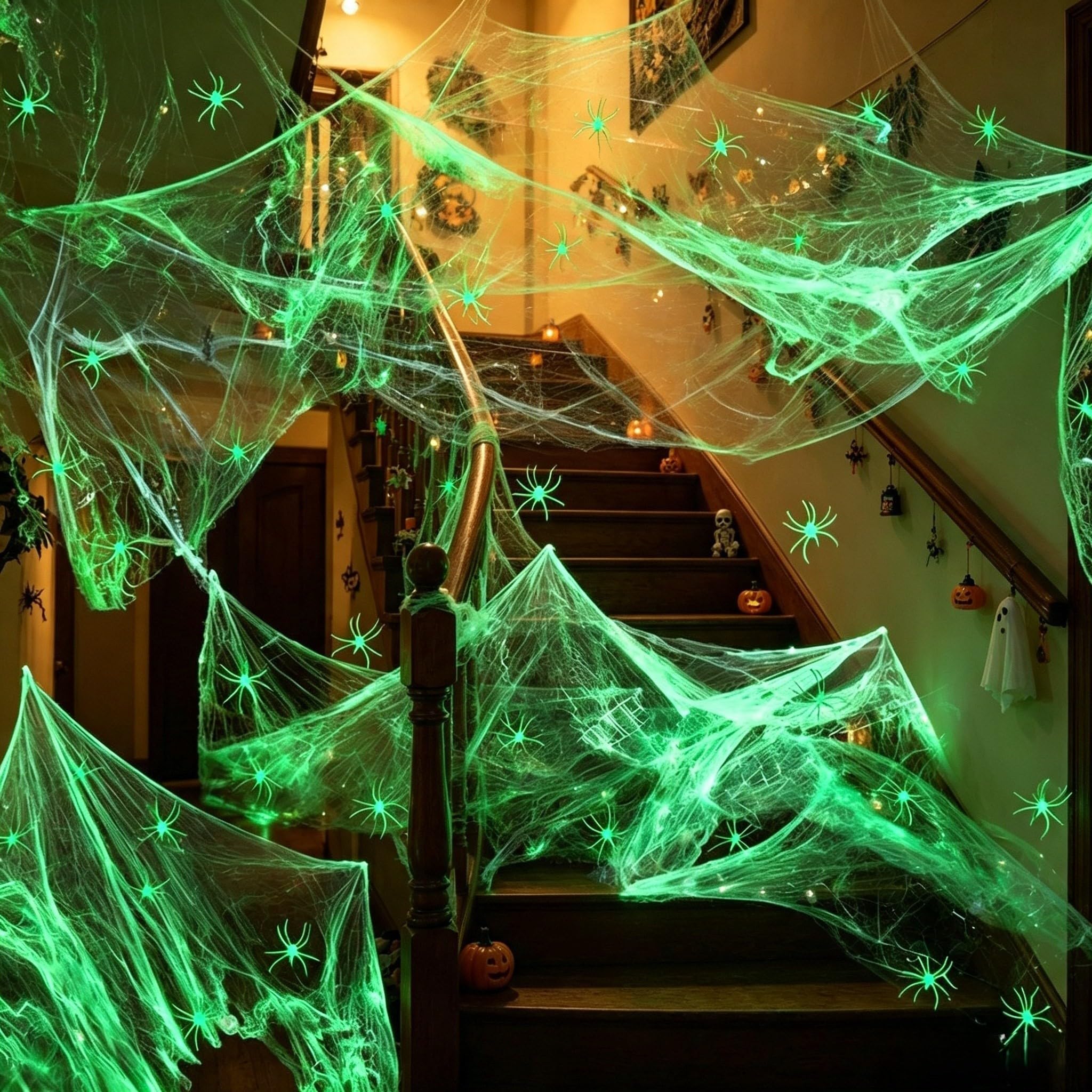 Glow Spider Webs - Ragnatele elastiche per Halloween, 700 mq
