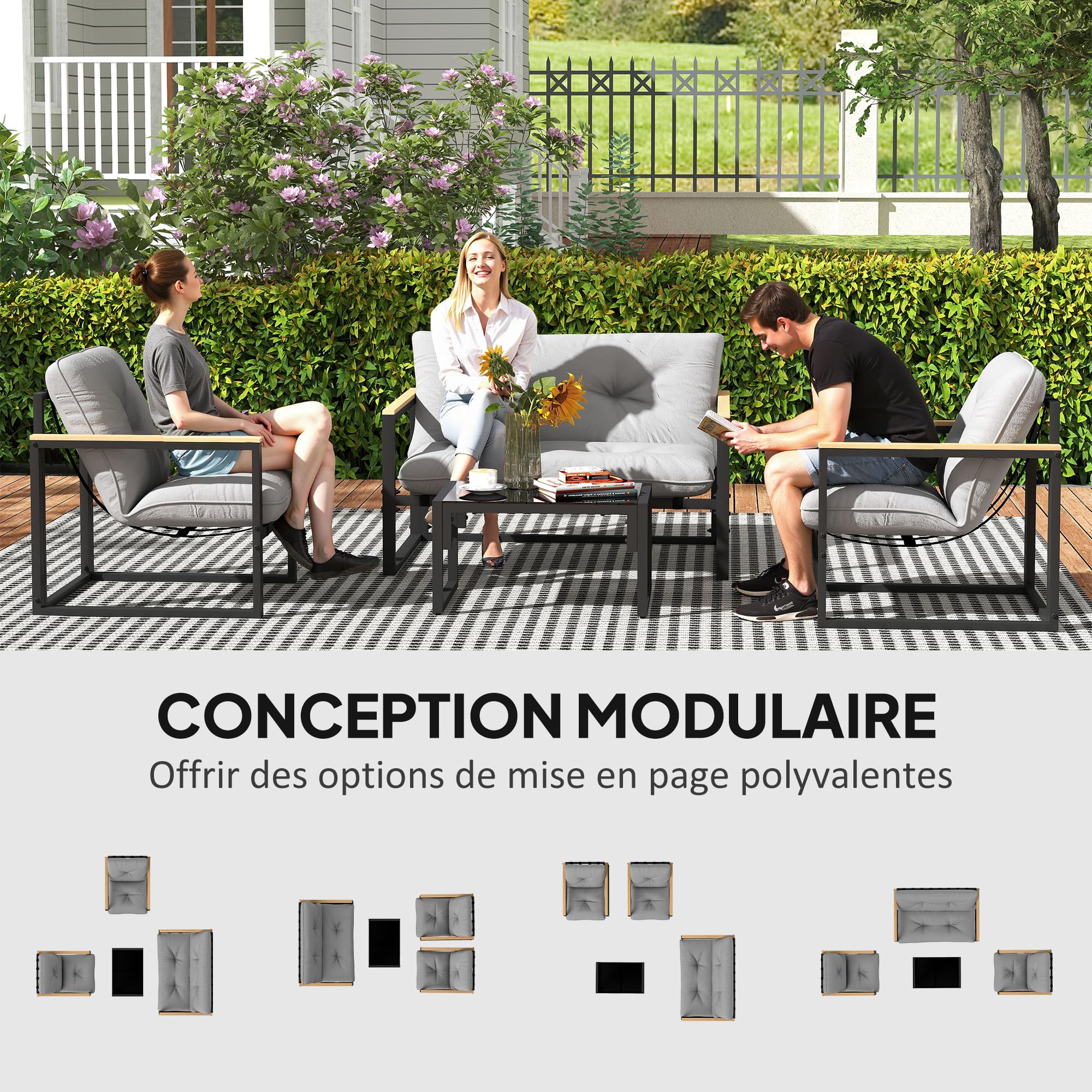 Outsunny Salon de Jardin extérieur 4 Personnes, 4 pièces avec canapé, 2 fauteuils et Table Basse en Verre trempé, Coussins Inclus, mobilier de Jardin Patio Balcon terrasse, Gris