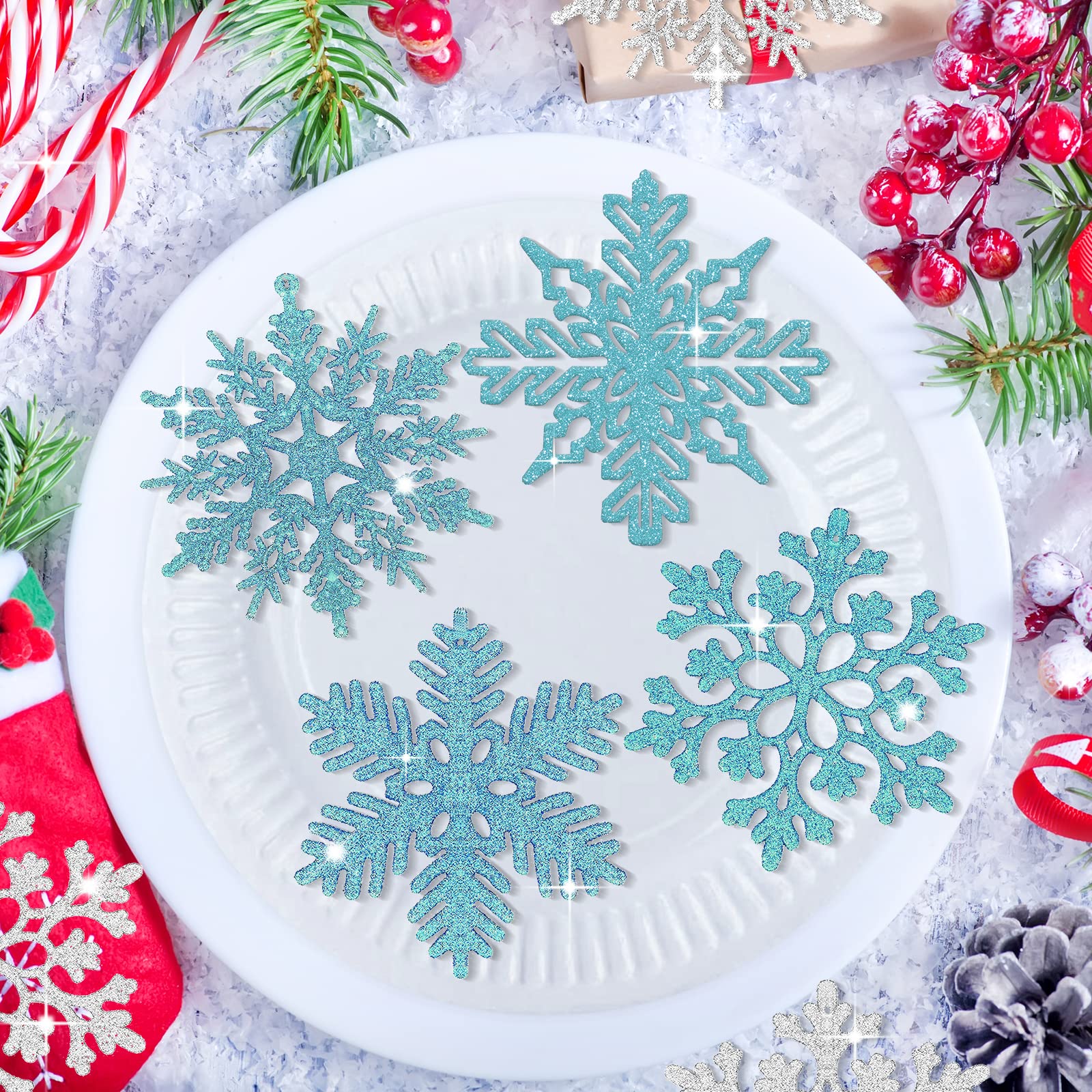 FOSDICK 24 stuks witte glitter kerst sneeuwvlokken ornamenten, 10 cm