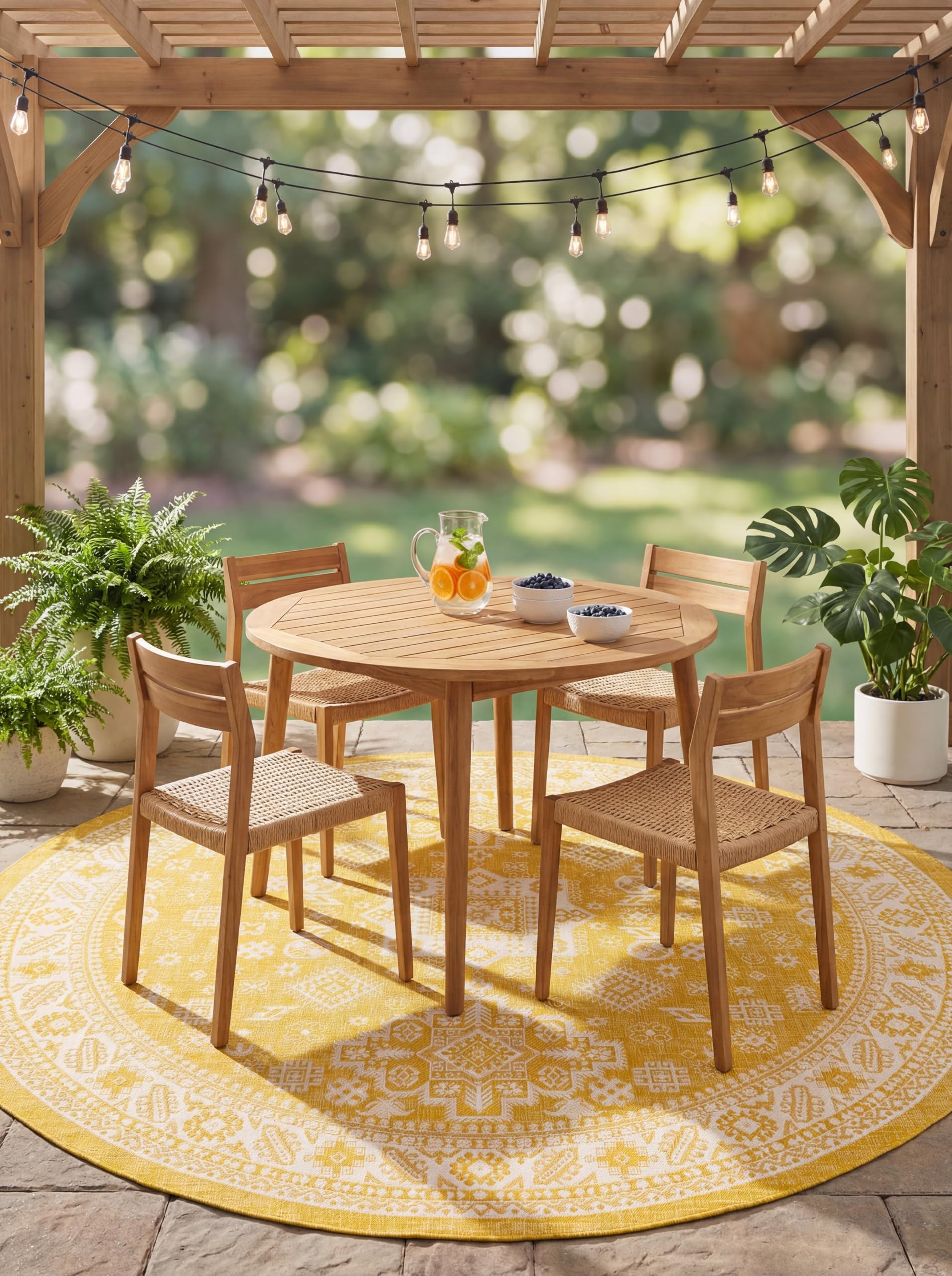 Rugs.com Outdoor Aztec Collection Rug – 4 Ft Round Yellow Flatweave Rug Perfect for Kitchens, Dining Rooms