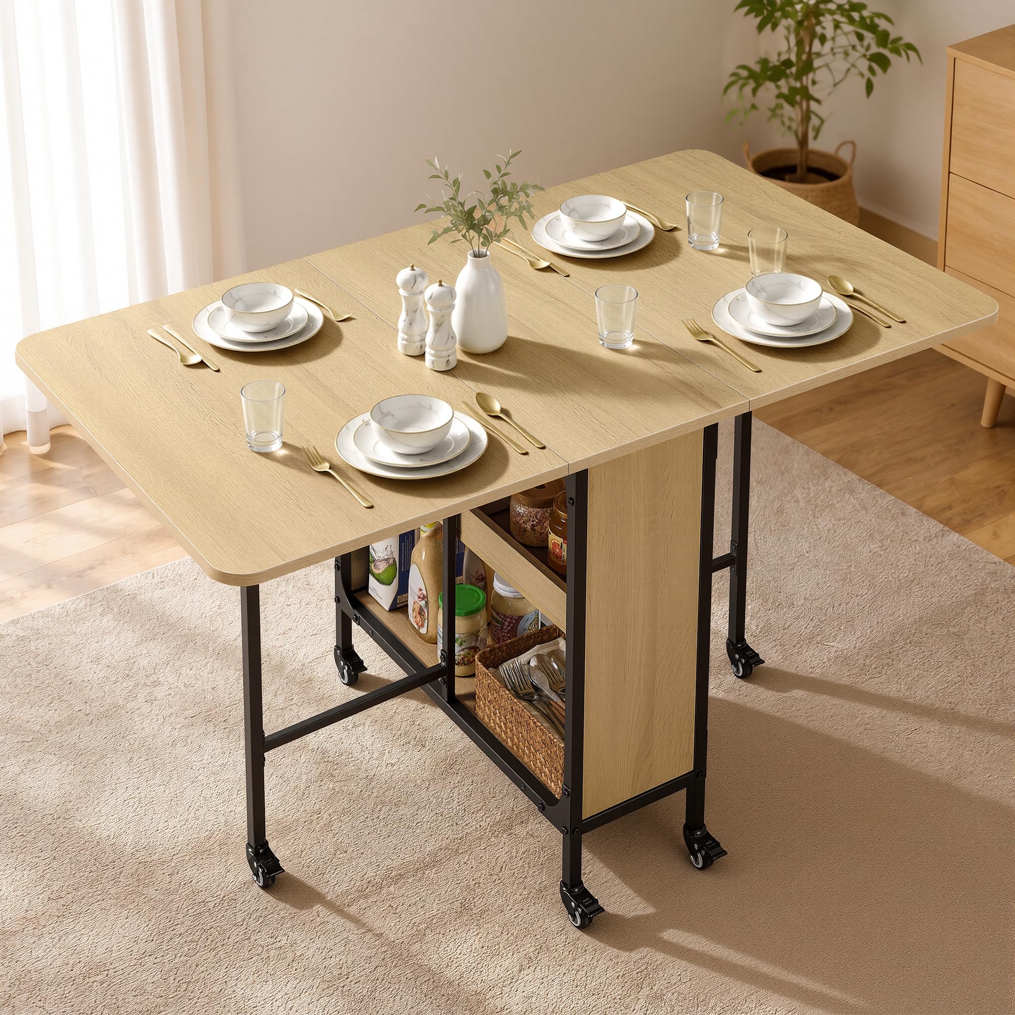 VASAGLE Folding Dining Table, Drop Leaf with Wheels