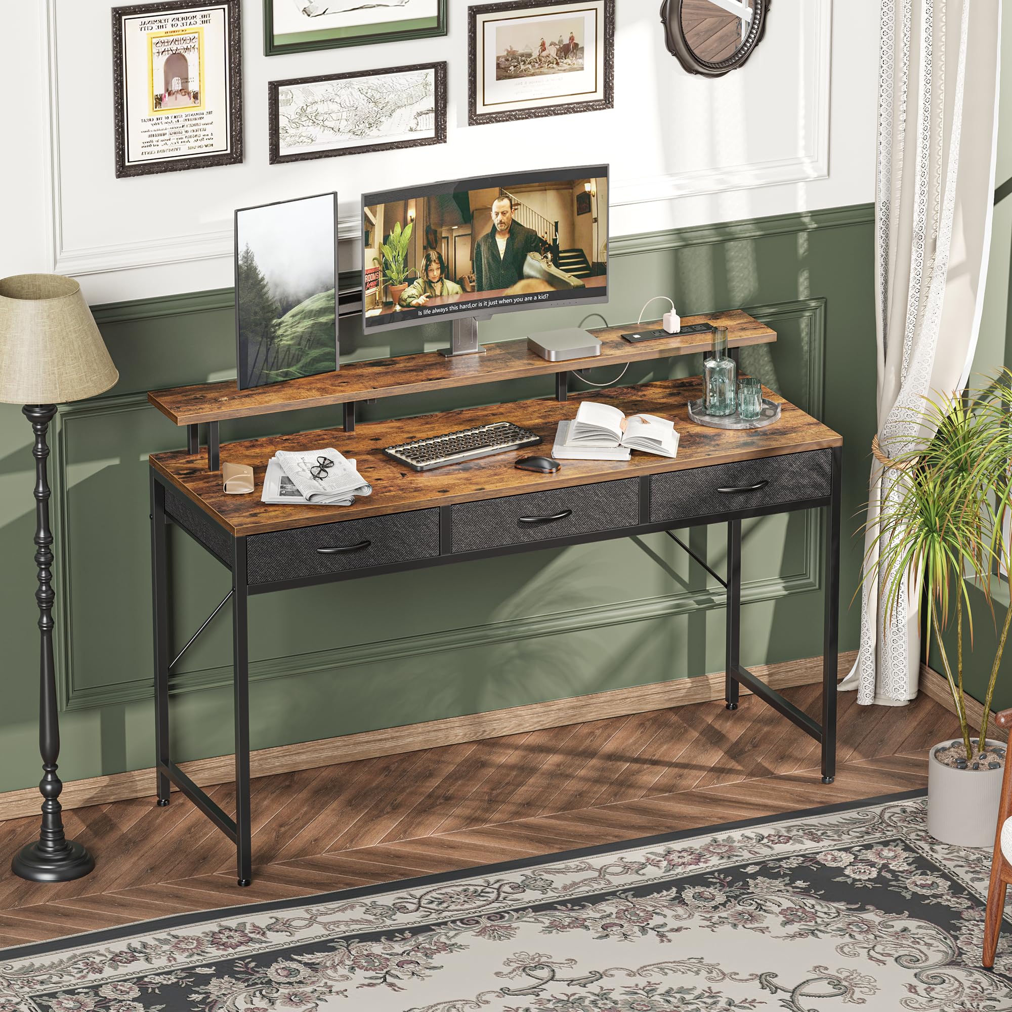 Huuger 55 inch Computer Desk with 3 Drawers, Office Desk Gaming Desk with LED Lights & Power Outlets, Home Office Desks with Storage Space for Bedroom, Work from Home, Rustic Brown