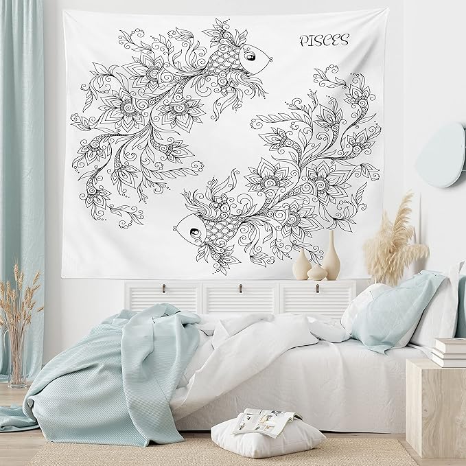 Ambesonne Zodiac Tapestry, Floral Images Pisces Sign Fish House of the Water Element Sensitivity Planet Sign, Wide Wall Hanging for Bedroom Living Room Dorm, 60