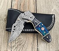 Vista 3 de Cuchillo de Bolsillo de Acero de Damasco para Hombres con Funda de Cuero, Cuchillos de Caza Plegables Hechos a Mano de 7 Pulgadas, Mango - Cuchillo