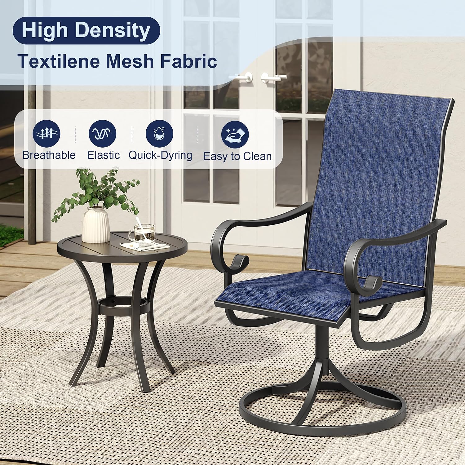 VICLLAX Patio Swivel Dining Chairs Set of 2, Outdoor furnitures Breathable Fabric with Curved Arms for Lawn Deck, Dark Blue Fabric