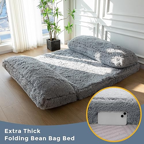 Miniatura 7 de MAXYOYO Puf Cama de suelo, sofá de piel sintética para adultos, sofá plegable de pared con relleno de espuma, colchón de suelo de tamaño individual,