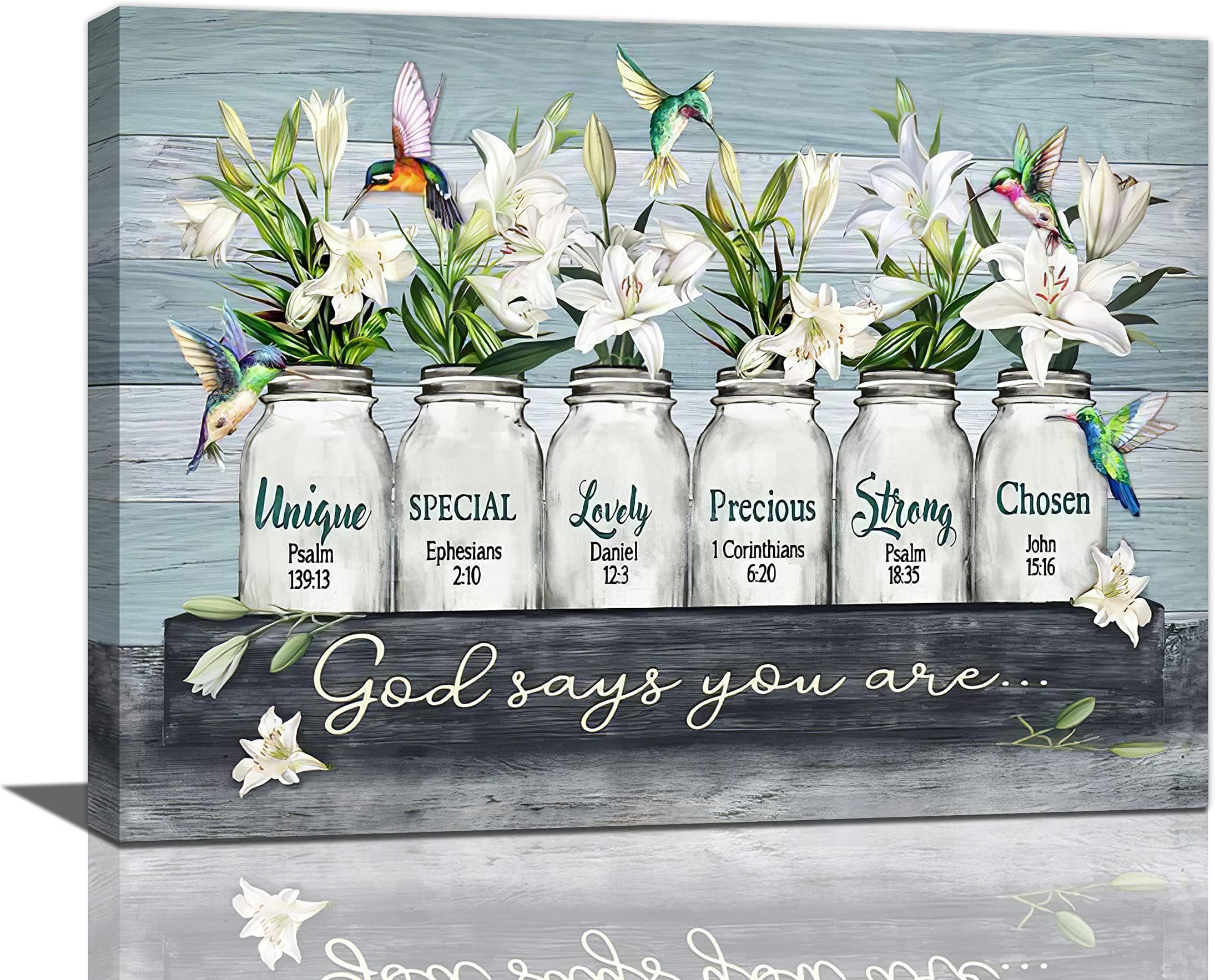Lily Bathroom Wall Art Rustic God Says You Are Flower Canvas Prints Painting Mason Jar Hummingbird Floral Pictures Framed Positive Artwork Office Home Decor for Bathroom Dining Living Room 16"x12"