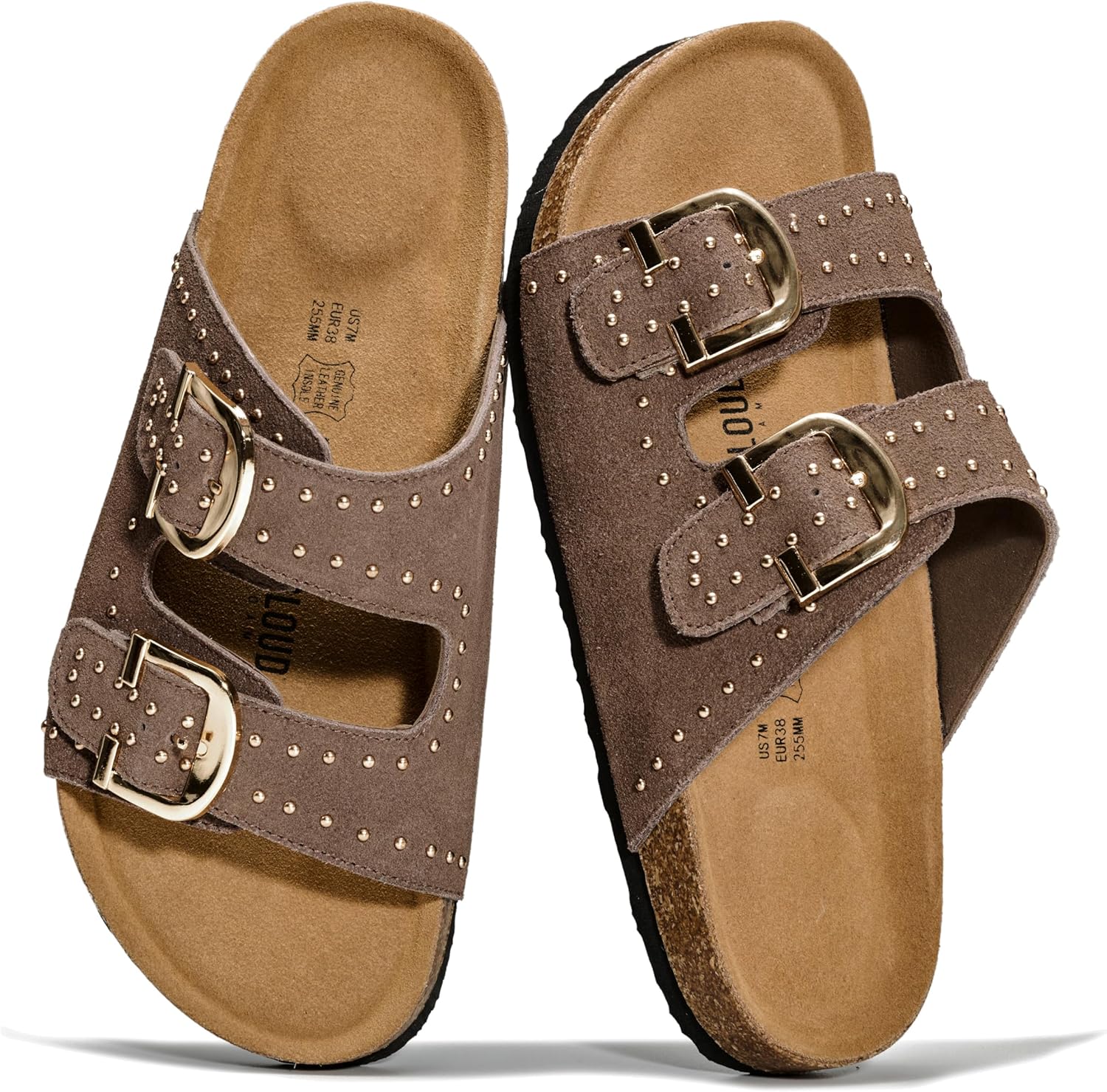 Project Cloud 100% Genuine Leather Womens Sandals - Lightweight Sandals for Women 2026 with Memory Foam Insole & Natural Cork Footbed Beach Essentials Slides for Women Footwear (Venita Stud)