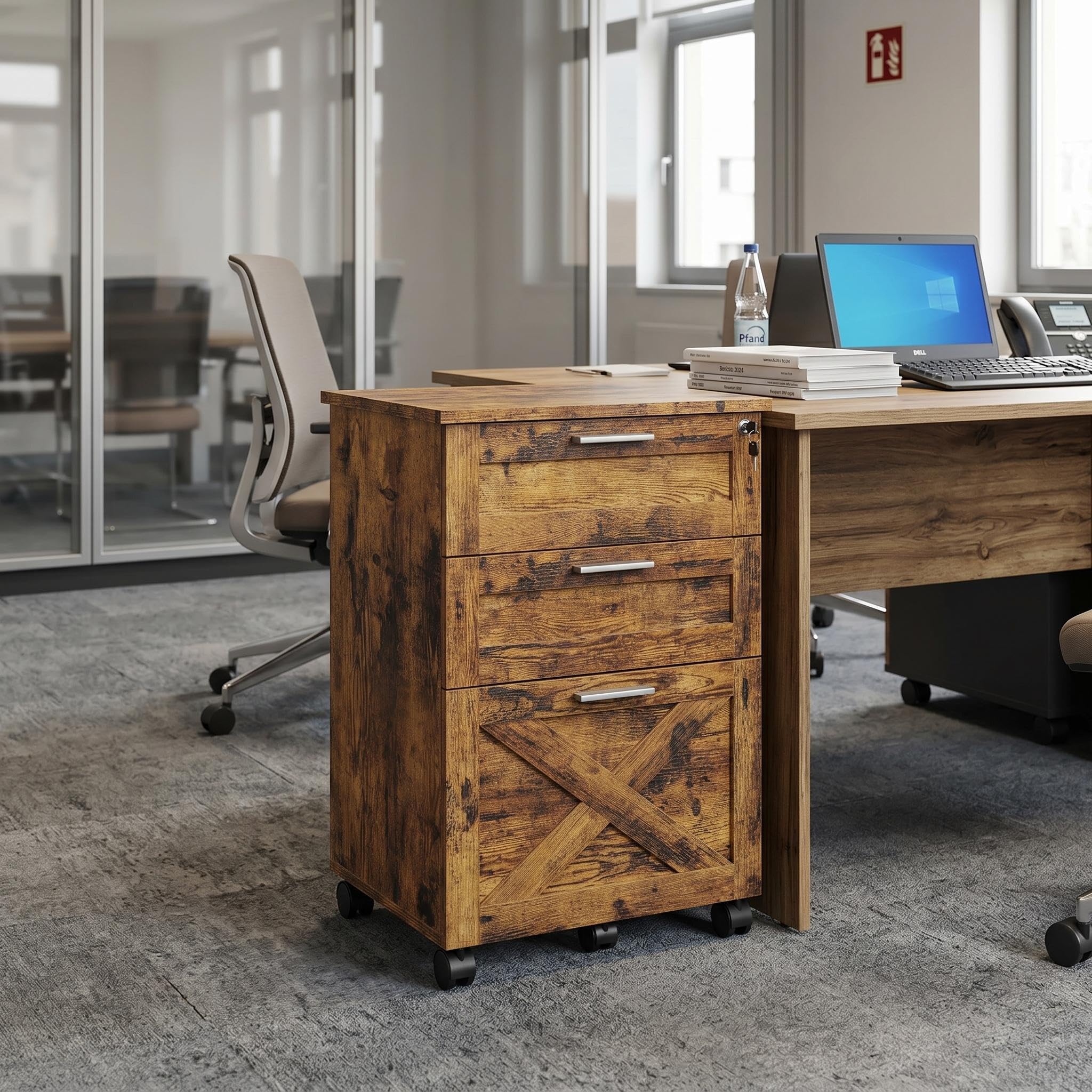 Rollcontainer mit 3 Schubladen, 39 x 50 x 62 cm | 3 Schubladen für Dokumente und Zubehör | Abschließbar und leicht zu bewegen | Für Büro und Homeoffice | Farbe: Vintage-Braun