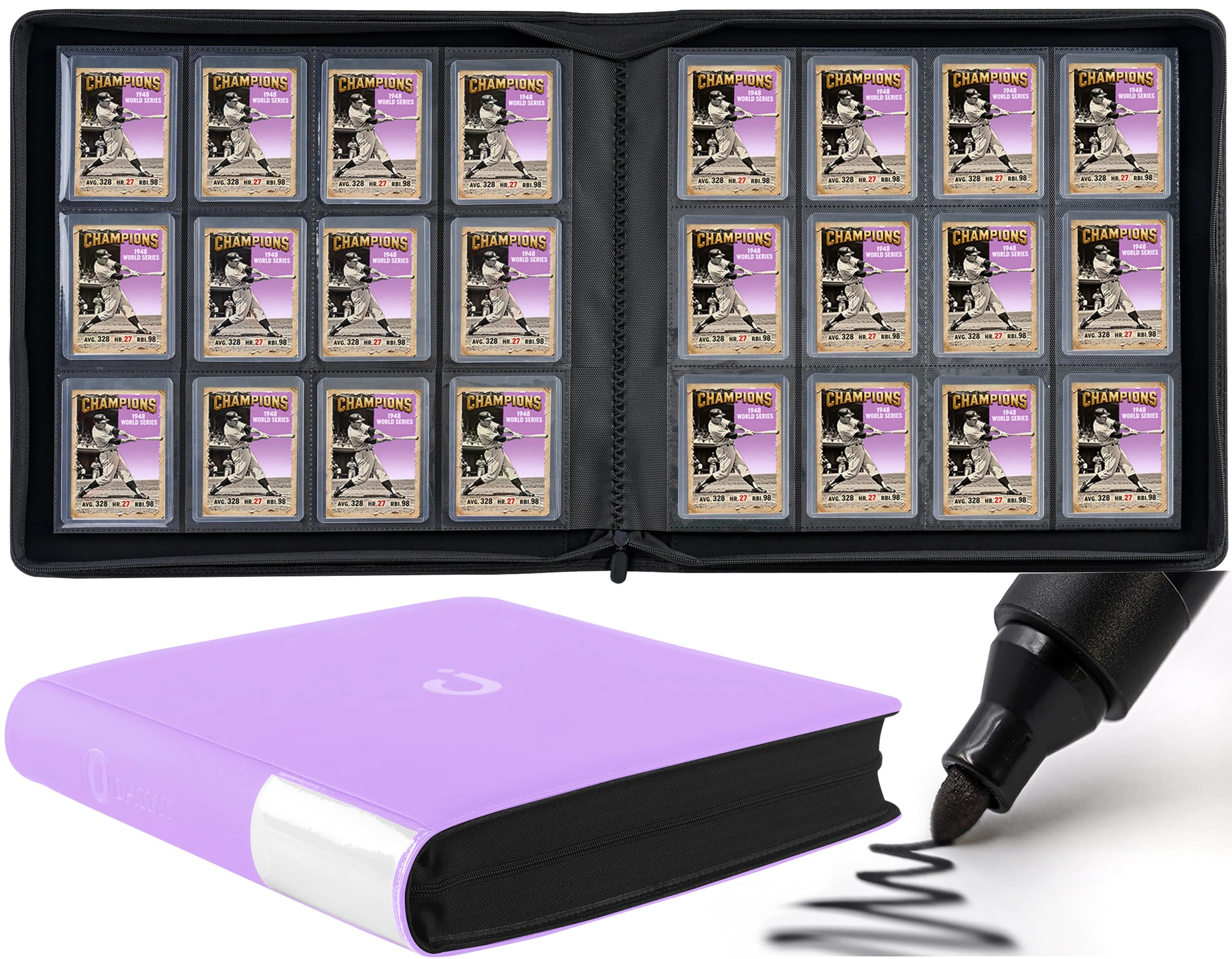 D DACCKIT Toploader Binder 12 Pocket - Fits 480 Cards，12 Pocket Top Loader Binders for Cards with Sleeves Compatible with 3" X 4" Rigid Card Holders for Trading Cards or Sports Cards - Light Purple