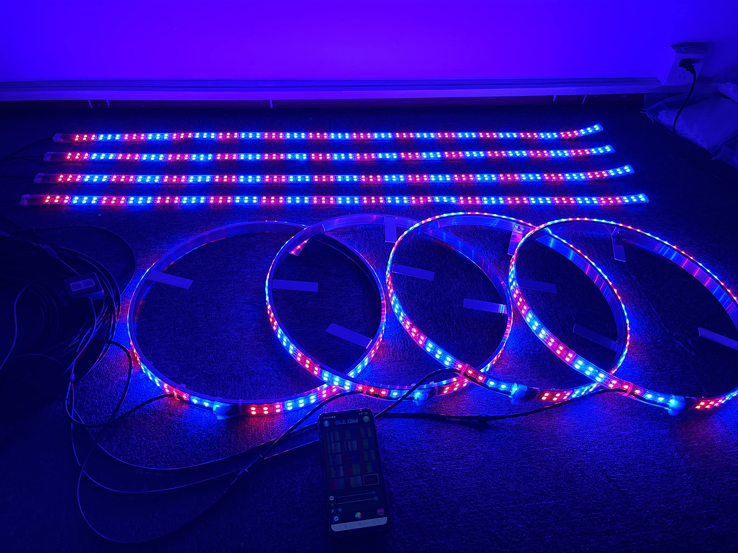 Sando Tech 4PCS 17.5 Dream Chasing Color Dual Row Led Wheel Ring Tire Lights + 4 PCS 4Ft Underbody Decoration Light Kit Synchronize Wiring Harness with 8 Way Splitters Bluetooth Ctrl