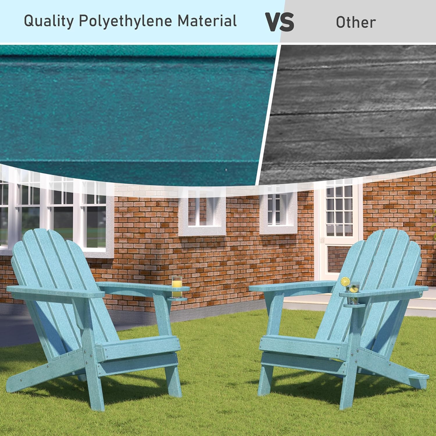 MONDAWE Adirondack Chair Weather Resistant,Plastic Patio Chairs with Cup Holder & Umbrella Hole,Wood Texture Fire Pit Chair w/ 300lb Weight Capacity,Turquoise