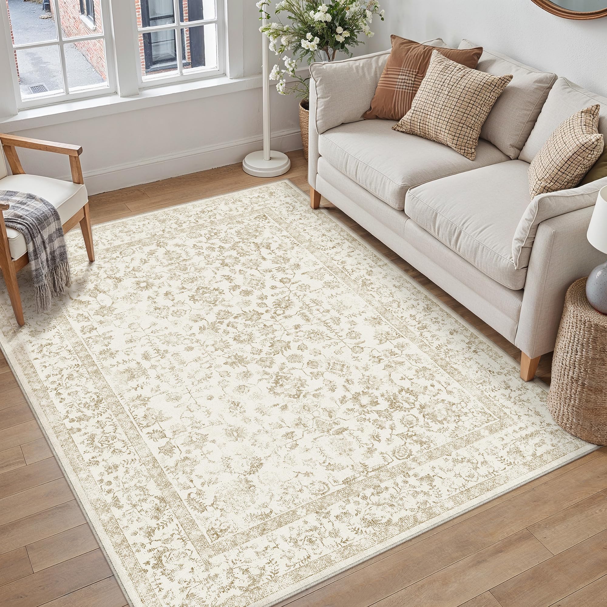 PureCozy Vintage Waschbarer Grau Teppich klein Carpet Kurzflor rutschfest Boho Rug