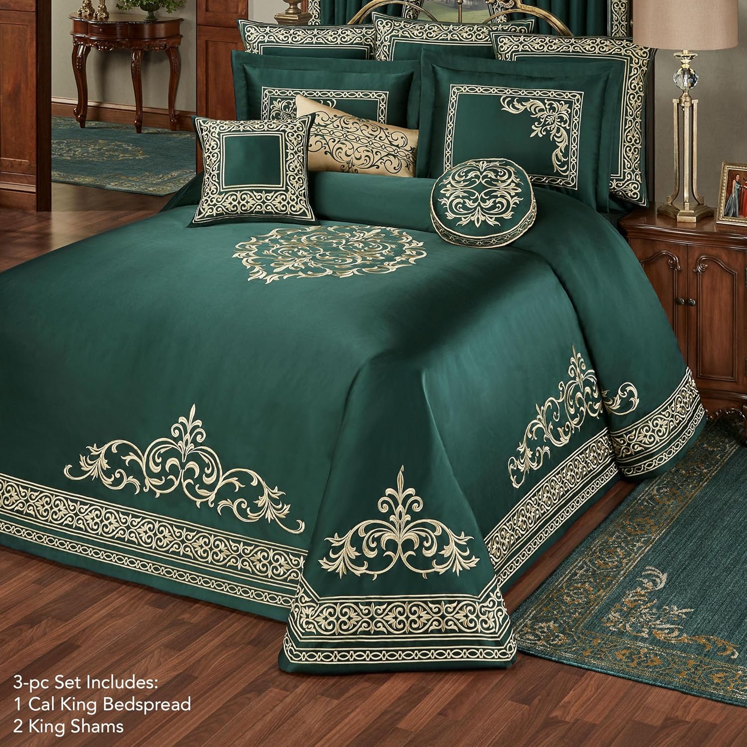 Touch of Class Balmoral Luxury Bedding | Imperial Emerald Green | Palace-Inspired Golden Scrollwork Embroidery on Sateen | Designed 3 Piece Set Includes Cal King Bedspread and 2 King Shams