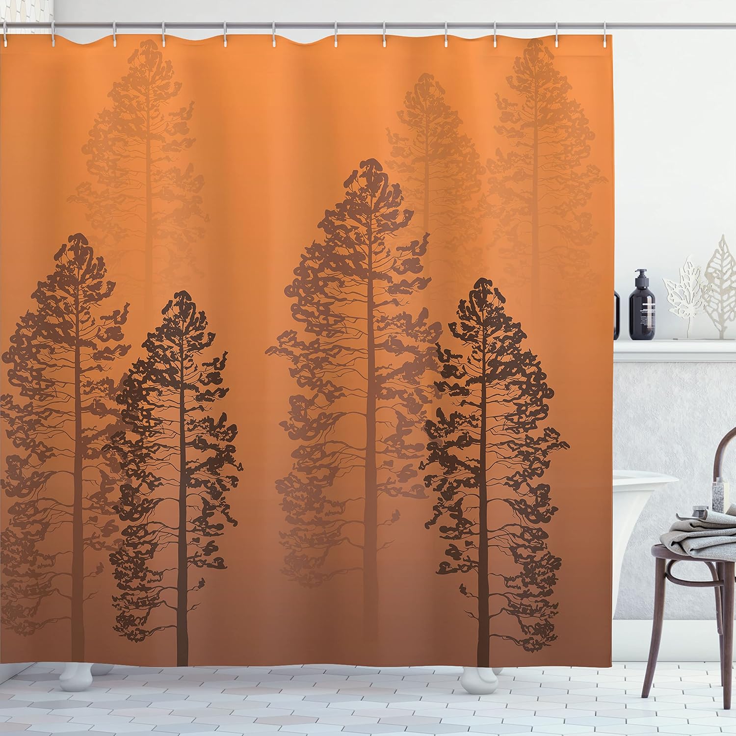 Ambesonne Country Shower Curtain, Pine Trees in The Forest on Foggy Seem Ombre Backdrop Wildlife Adventure Artwork, Cloth Fabric Bathroom Decor Set with Hooks, 69" W x 70" L, Orange Burnt