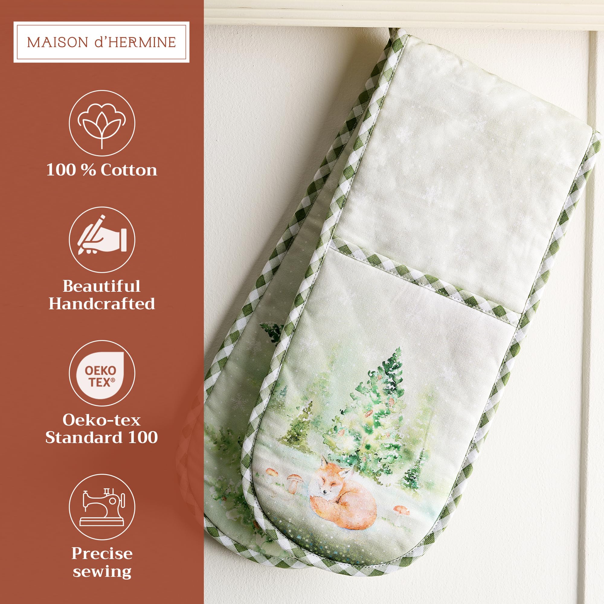 Maison d' Hermine Double Oven Mitt (18 cm x 89 cm) 100% Cotton Heat Resistant BBQ Cooking Gloves with Loop for Christmas Decorations Baking Cooking Barbeque Handling Hot Pan (Winter Mornings) - Image 3
