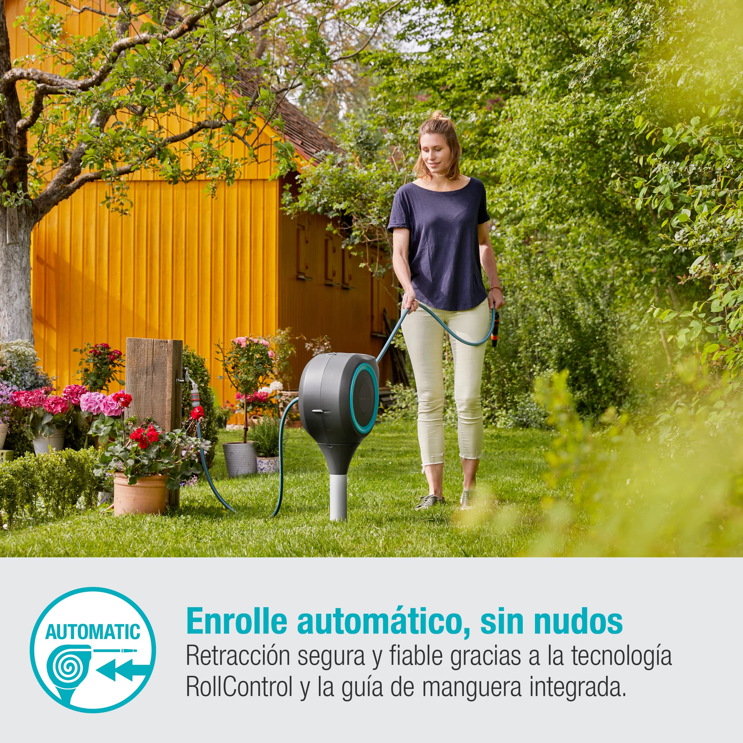 Gardena Carrete de manguera para jardín RollUp S (turquesa) de 15 m: carrete giratorio, guía manguera integrada, incluye manguera calidad Gardena 15m, fijación tierra y auxiliar de montaje (18604-20)