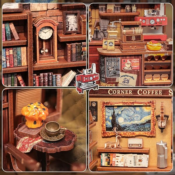 Fsolis DIY Book Nook Kit - Casas de muñecas Miniatura Regalo Creativo para Adultos y Adolescentes, Mágica Decoración 3D de Madera con Casa de Muñecas Iluminada para Librerías(Corner Coffee Shop) - 2