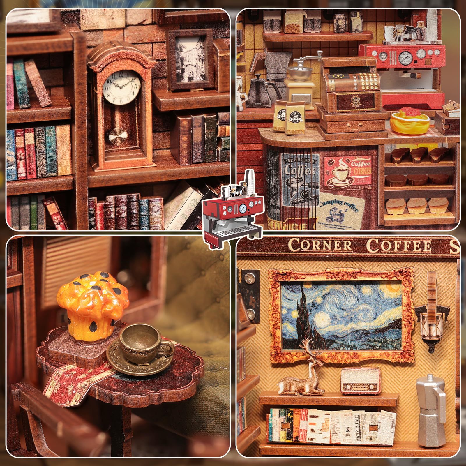 Fsolis DIY Book Nook zestaw do montażu i miniaturka, kreatywny prezent dla dorosłych i młodzieży, magiczna dekoracja z drewna 3D z podświetlanym domkiem dla lalek na (CORNER COFFEE SHOP)
