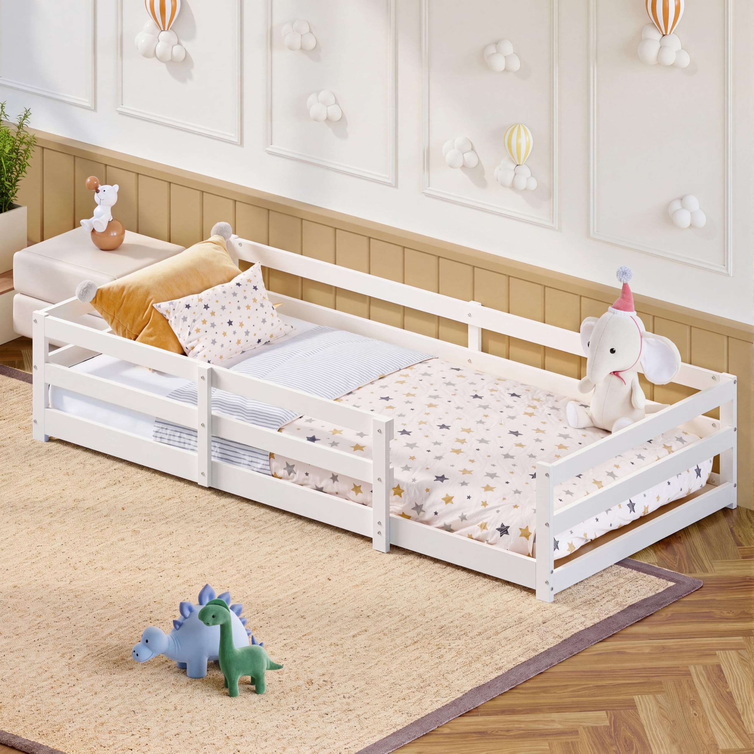 Bodenbett 90x200 cm Kinderbett aus Massivholz mit Rausfallschutz & Lattenrost, Montessori Bett aus Kiefer, Bodenbett Kinder mit offenem Einstieg, Einzelbett in Weiß