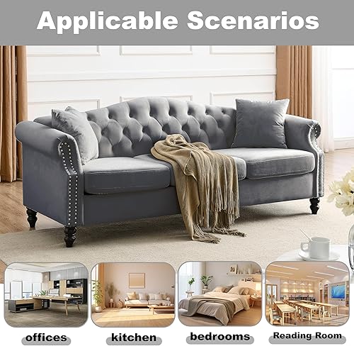 Miniatura 8 de Chesterfield - Juego de 2 sofás biplaza de terciopelo gris moderno de 79 pulgadas, 3 plazas y 57 pulgadas, sofá combinado Chesterfield con 4