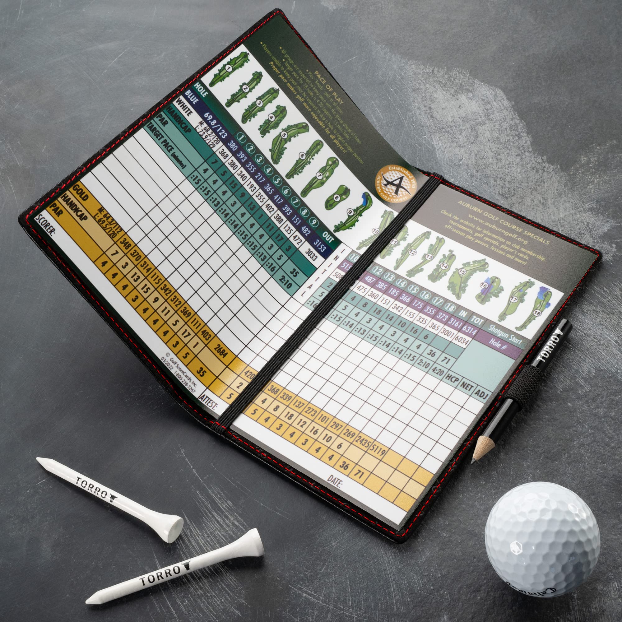 TORRO Large Golf Scorecard Holder - Genuine Leather Pro Golf Score Card Wallet with Card Slot and Pencil (Black with Red Detail) - Image 3