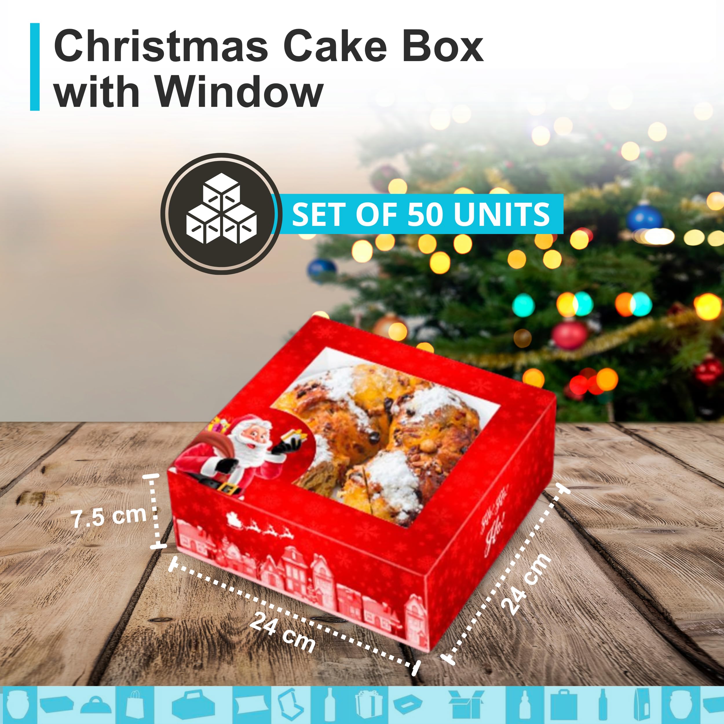 Espirito Rebelde 50 cajas de cartón para tartas con ventana (24 x 24 x 7,5 cm) – Diseño de Navidad, caja de panadería – Cajas para tartas de Navidad, galletas, magdalenas