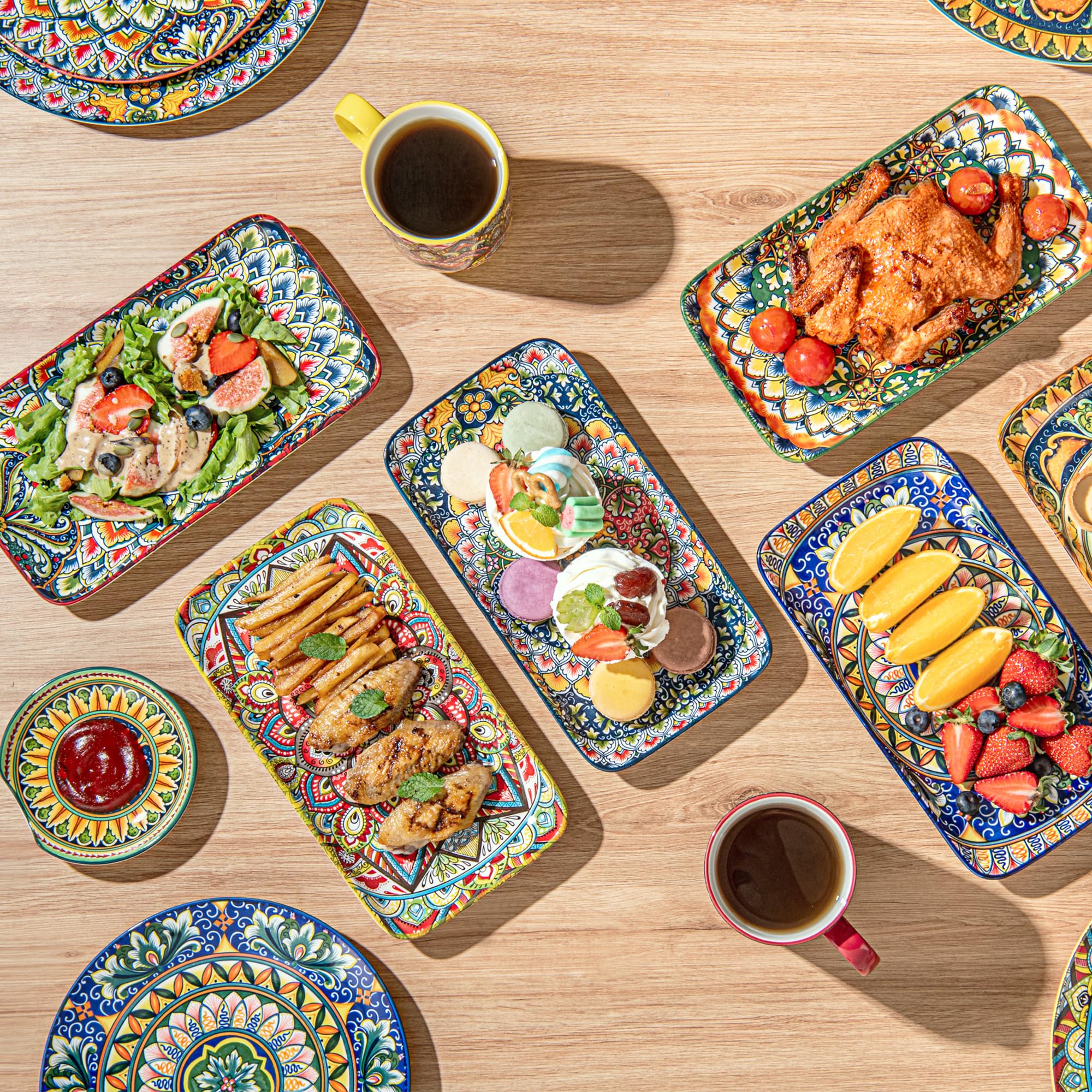 Platos Rectangular, Bandeja para Servir 6 Unidades - 25,5 cm, Platos para Aperitivos, Sushi, Frutas, Ensaladas, Microondas, Horno y Lavavajillas - Multicolor