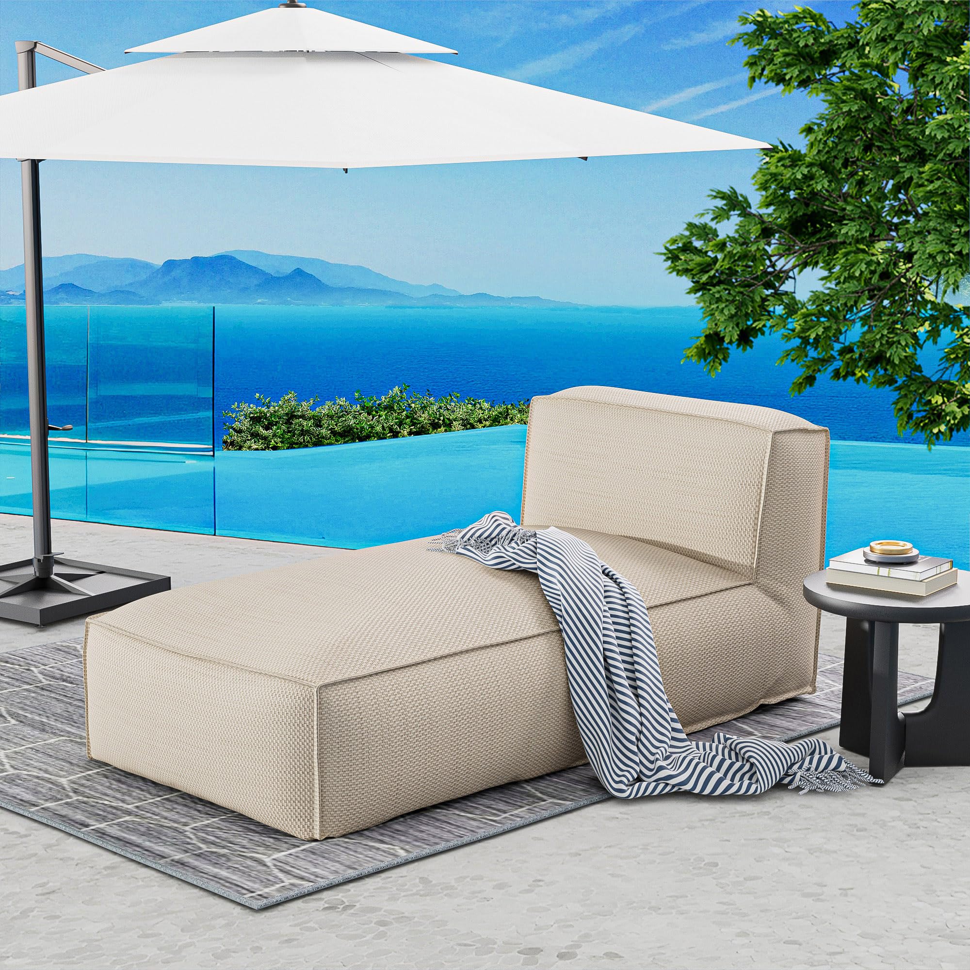 Dineli Chaise Lounge Chair Outdoor Bed Lounger Outdoor Couch Sofa for Pool Comfy Patio Furniture Foam Filling Bean Bed Chair Lazy Sofa for Outside, Water-Resistant Sunbed (Light Beige, 71'' Length)