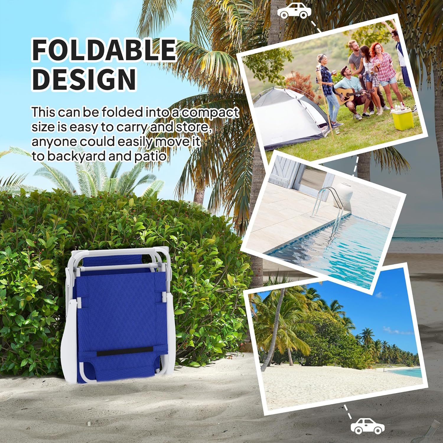 Adjustable Reclining Pool Lounge Chair - 4-Position Foldable Chaise with Removable Pillow & Armrests, 265 lbs Capacity (Blue)